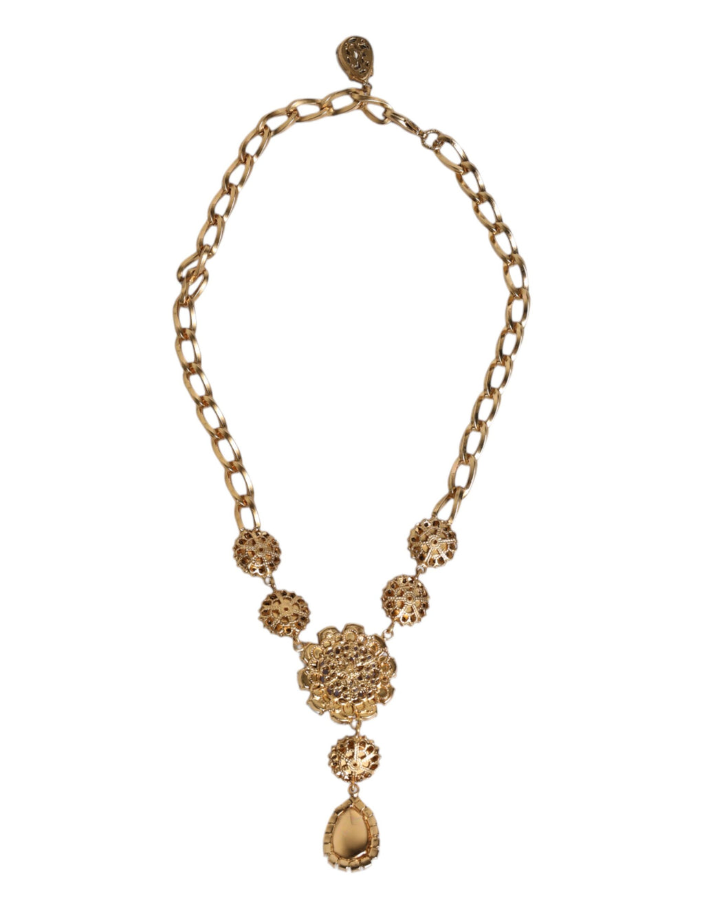 Dolce & Gabbana Gold Brass Floral Crystals Pearl Embellished Necklace