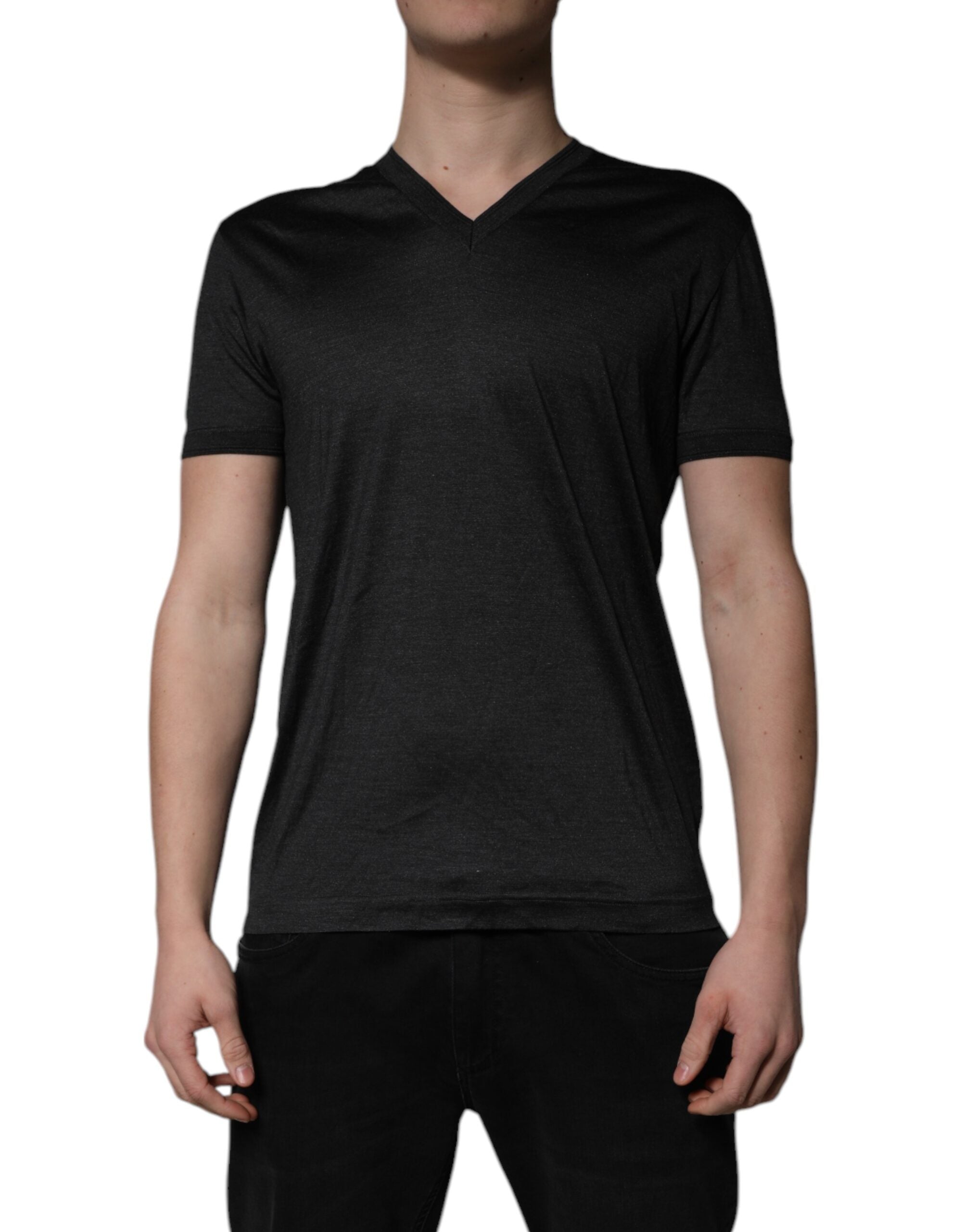 Dolce & Gabbana Dark Gray Silk V-neck Short Sleeves T-shirt