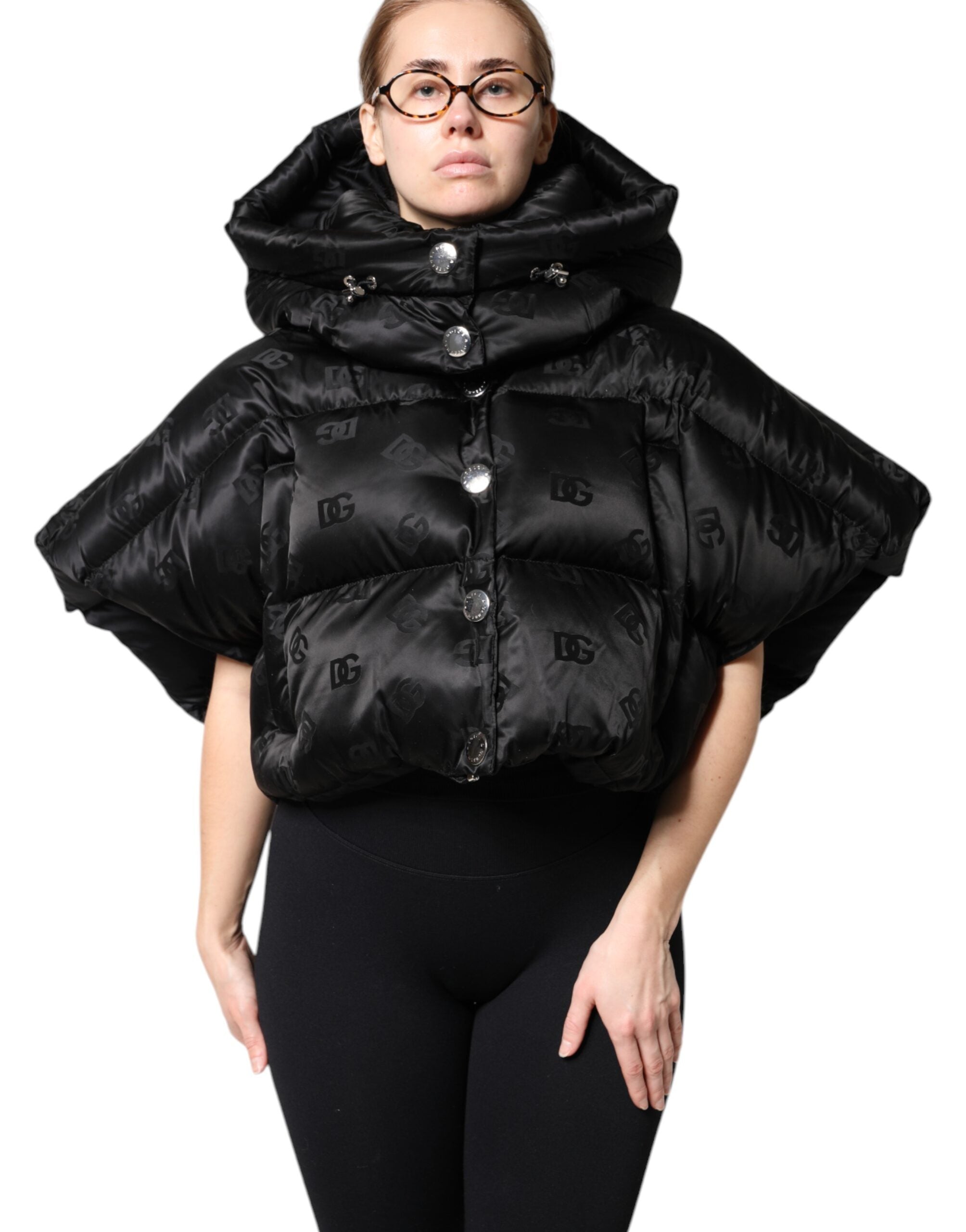 Dolce & Gabbana Black Padded Puffer Hooded Full Zip Cropped Jacket