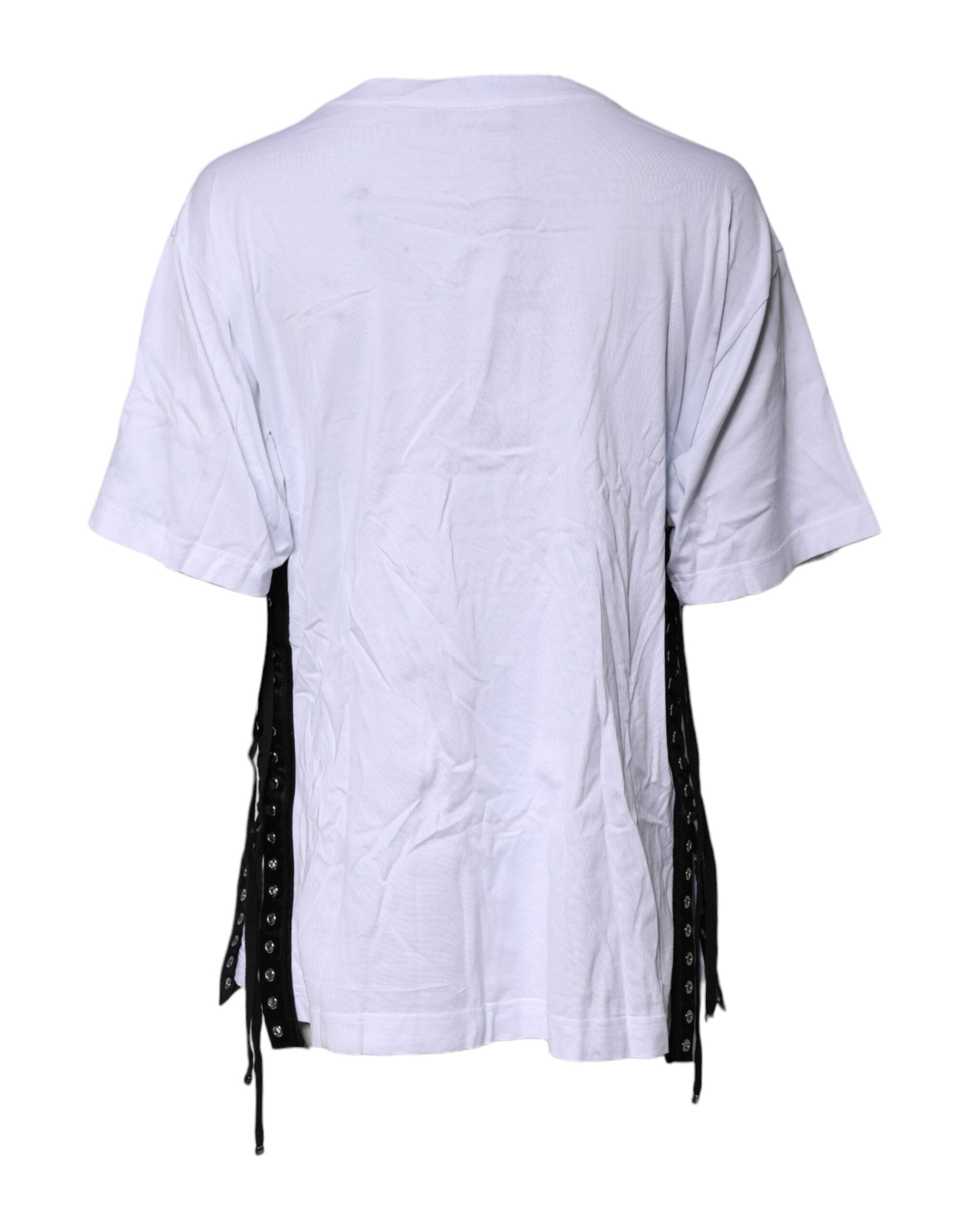 Dolce & Gabbana White Print Lace-Up Cotton Crew Neck T-shirt