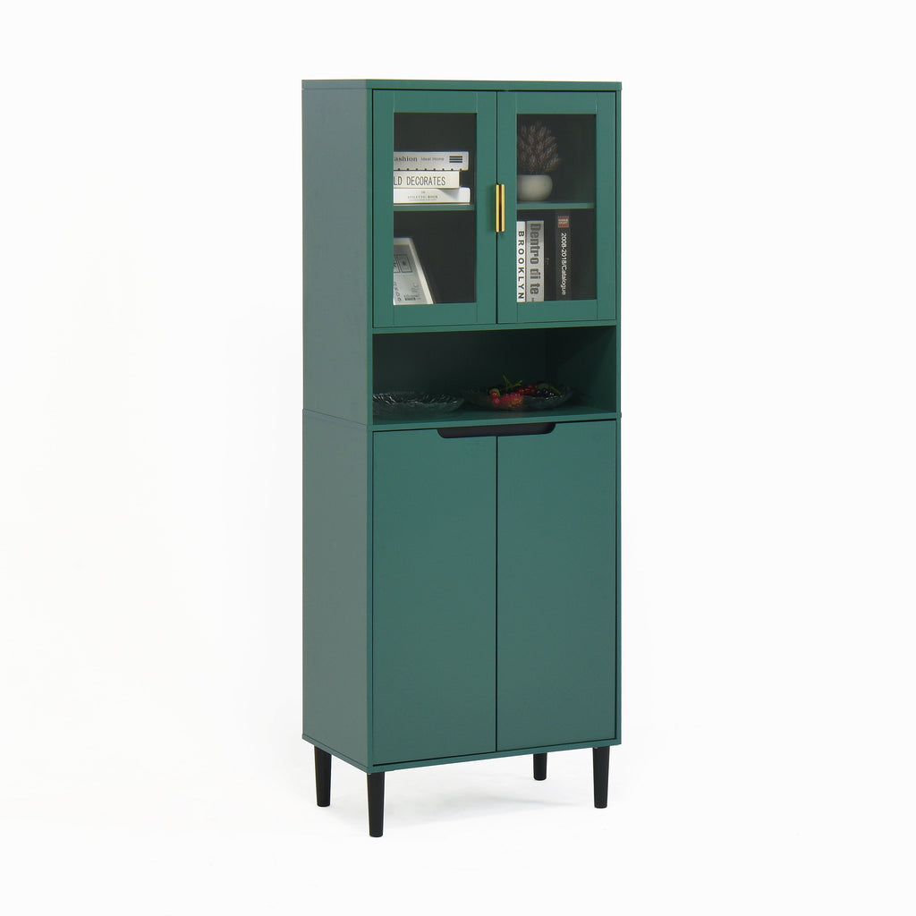 Tall Storage Bookcase with 2 Glass Display Door & 2 Doors, Tall Kitchen Pantry Cabinet with Gold Handles, Modern Cabinet Freestanding Living Room Green