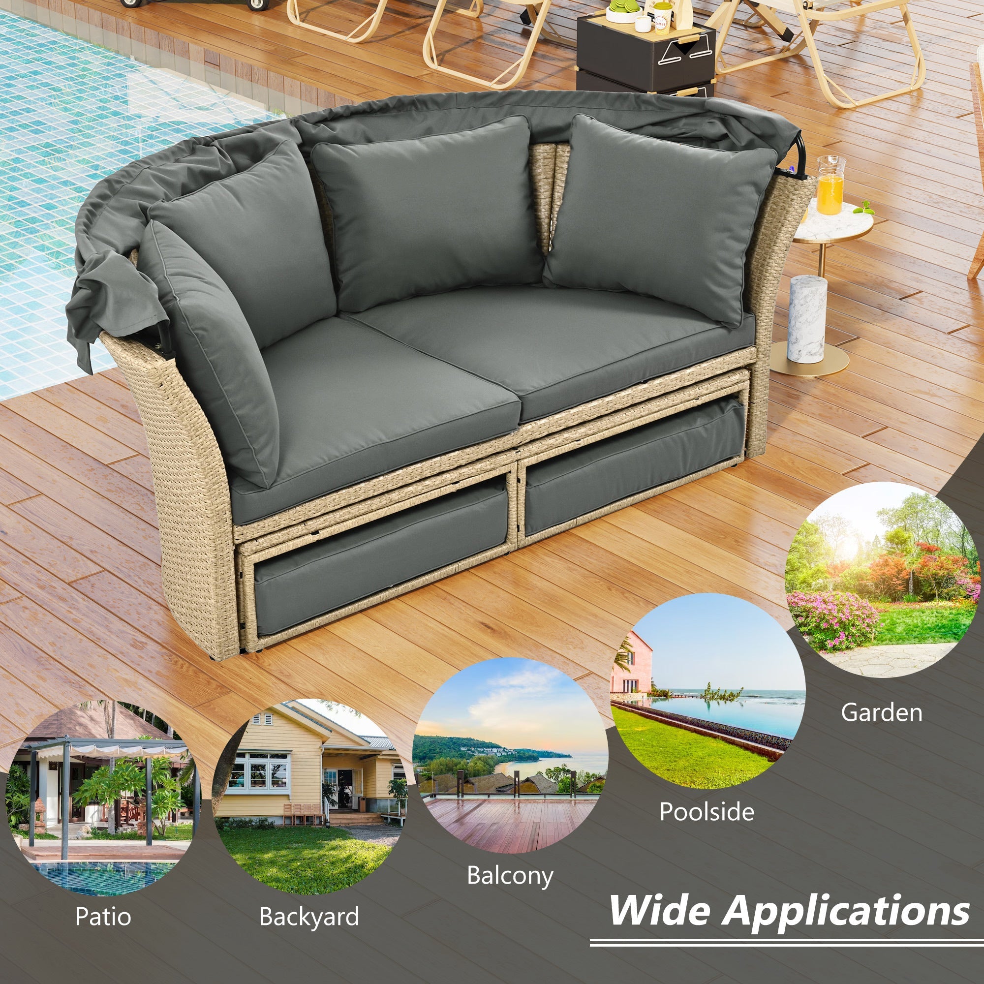 Outdoor Patio Daybed Wicker Rattan Double Daybed with Retractable Canopy, Grey, Polyester Upholstery, 71.7 x 63.4 x 62.2 inches
