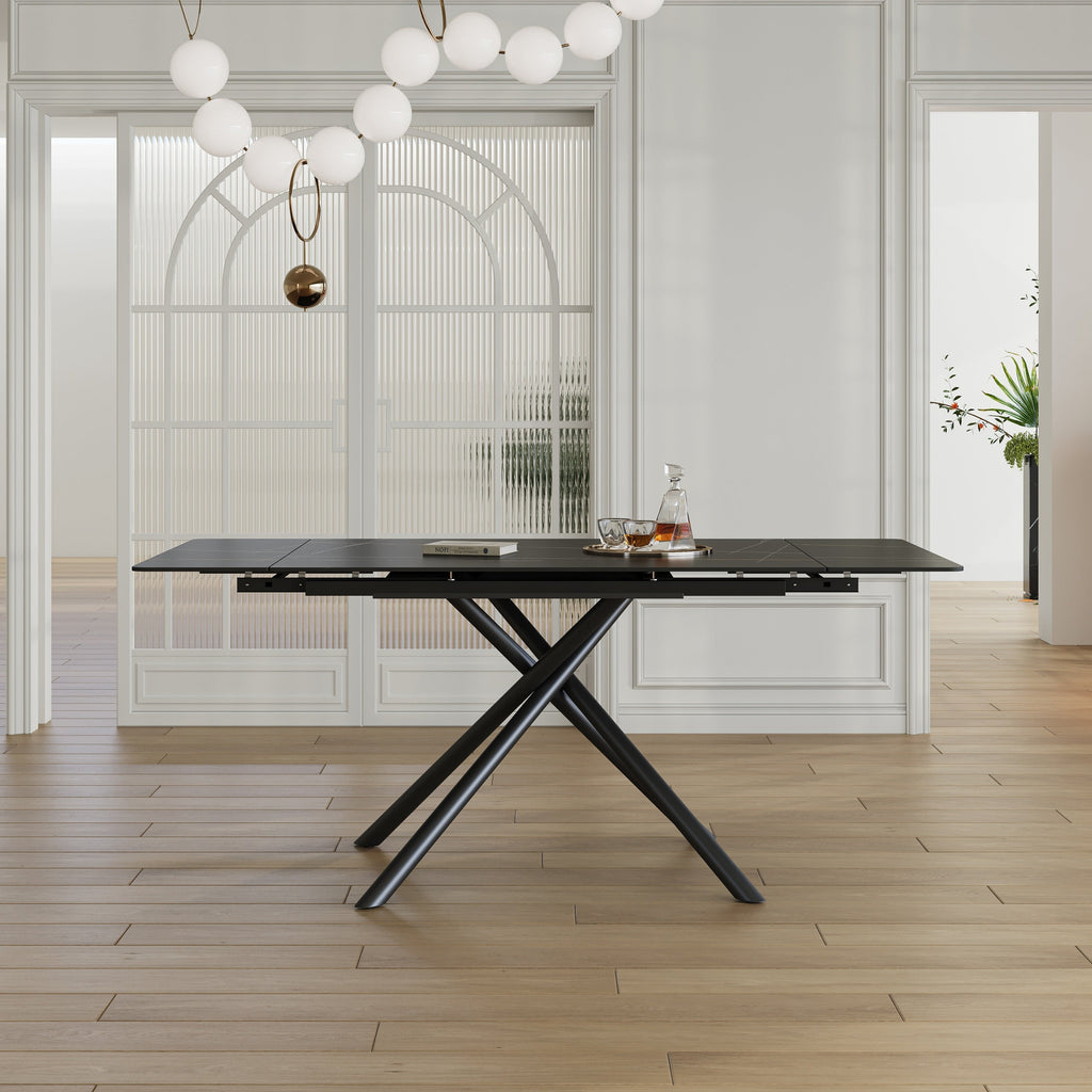 Modern Retractable Sintered Stone Dining Table with Black Carbon Steel Legs, 83 Inches for 6-8 Seats