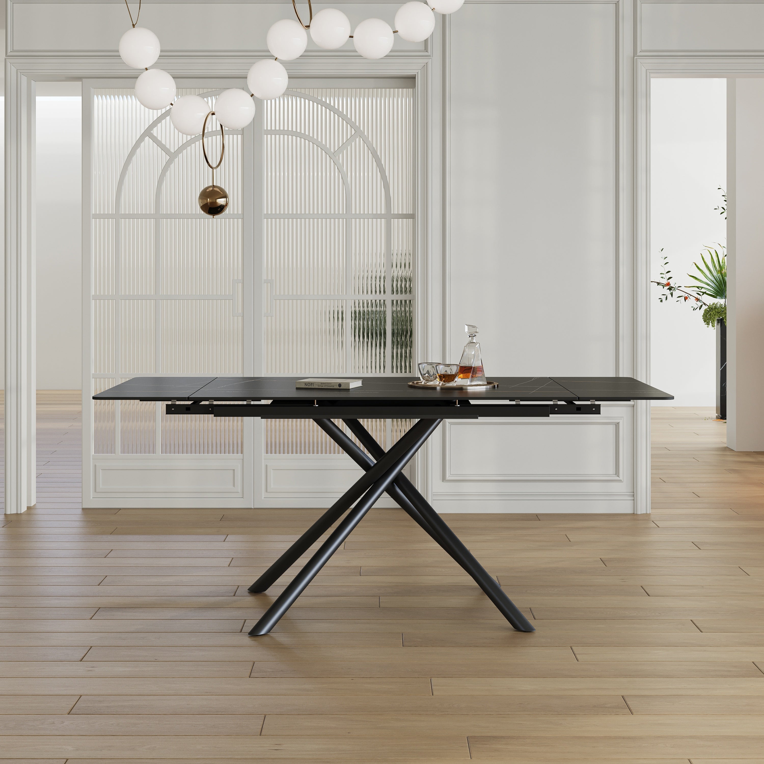 Modern Retractable Sintered Stone Dining Table with Black Carbon Steel Legs, 83 Inches for 6-8 Seats