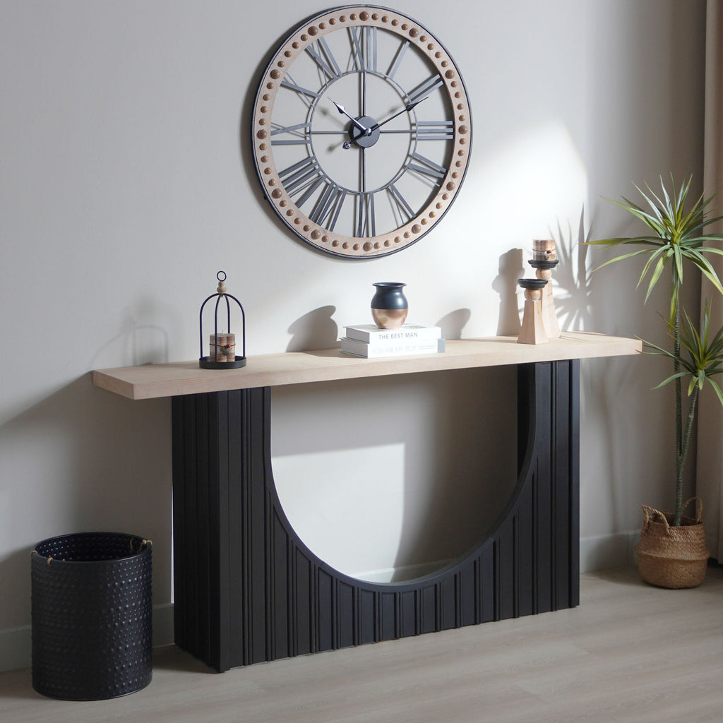 Modern Minimalist Console Table with Black Arch Base and Natural Wood Top,66in Length Console Table,Wood Table
