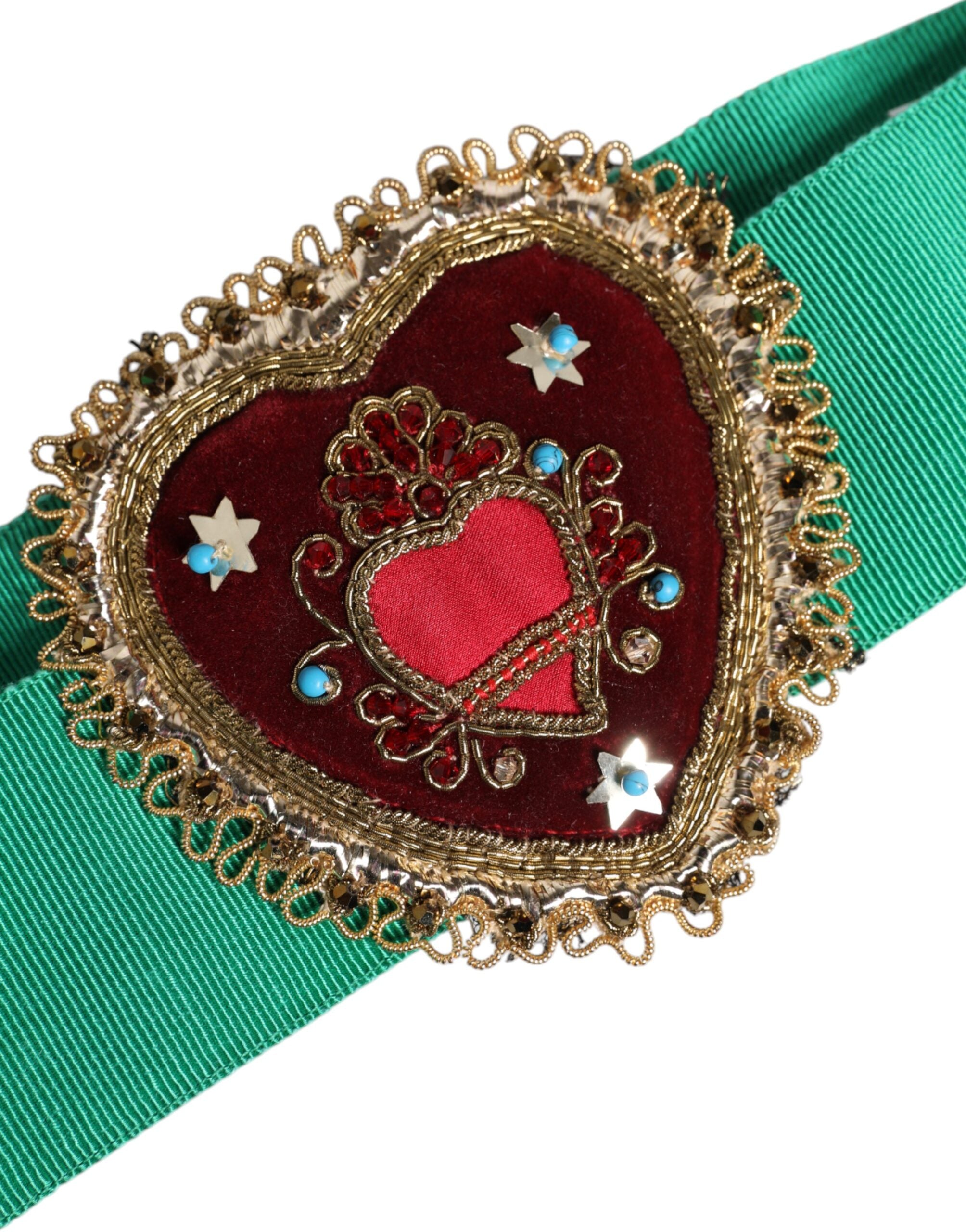 Dolce & Gabbana Green Stretch Wide Waist Heart Embellished Belt