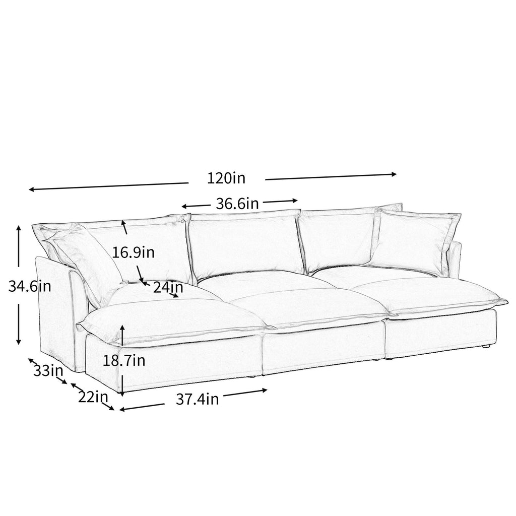 Living Room Sofa Slipcovered Sofa 3 Seater Sofa With 3 Ottomans, Oversized 3-Seat Sleeper Sofa Bed Home Theater Sofa, Chenille, Cream
