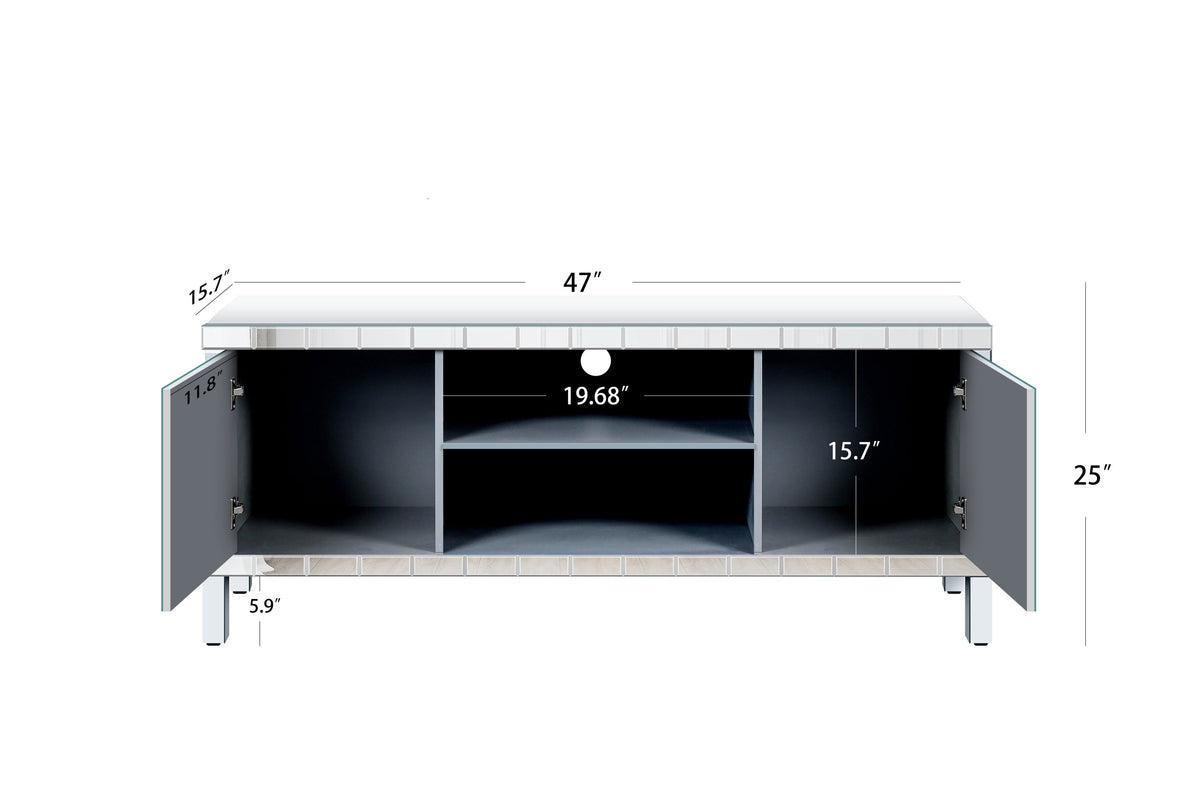 47 Inch Mirror TV Media Console with Diamond Glass Doors, Dual Door Design and Open Storage Space, Compatible with 50-Inch TVs&Modern Decor for Living Room & Bedroom