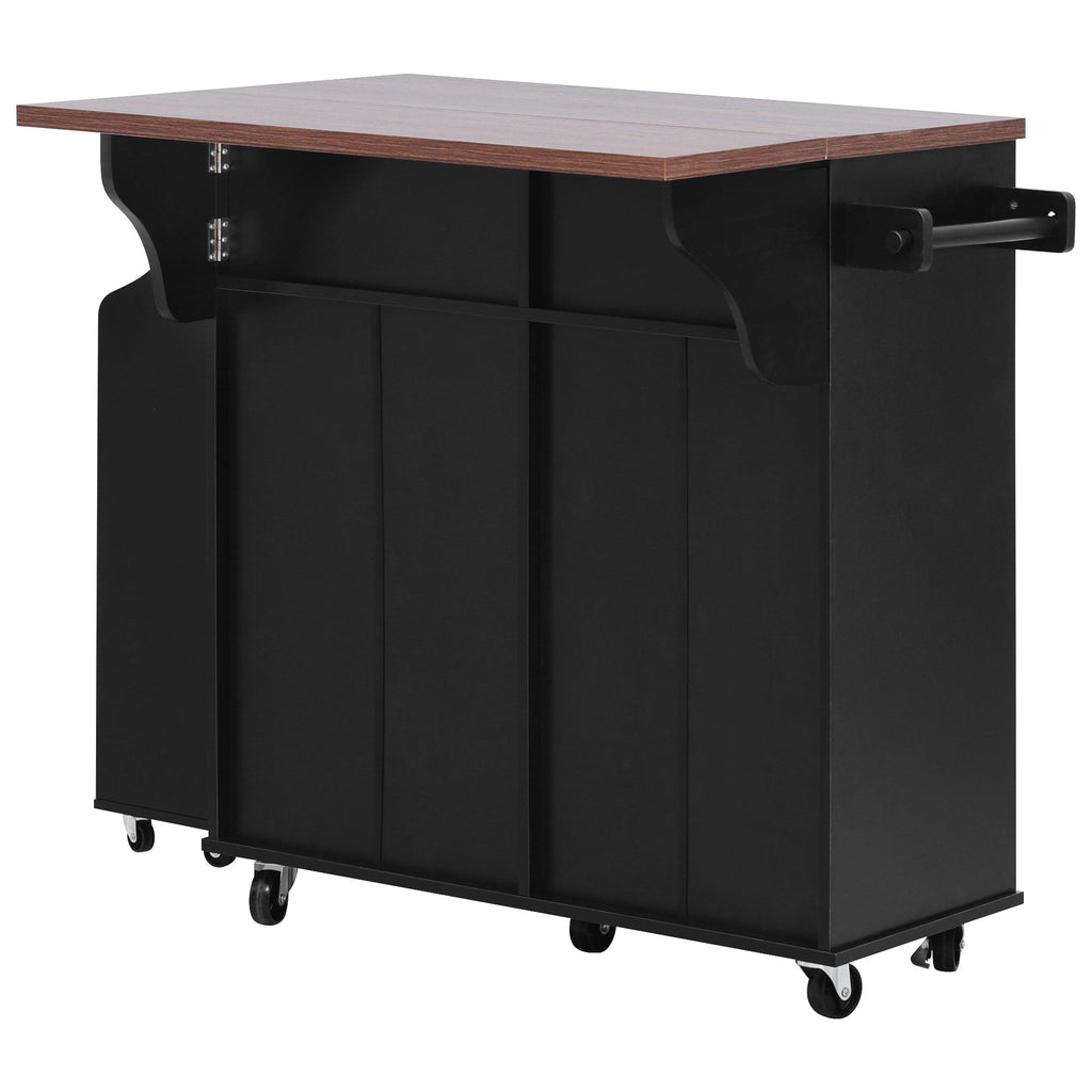 K&K 47.2' Farmhouse Kitchen Island with Drop Leaf, Kitchen Storage Island with Removable Side Racks, Two Drawers, Rolling Kitchen Cart on Wheels with Towel Rack, for Home, Kitchen, Dining Room, Black