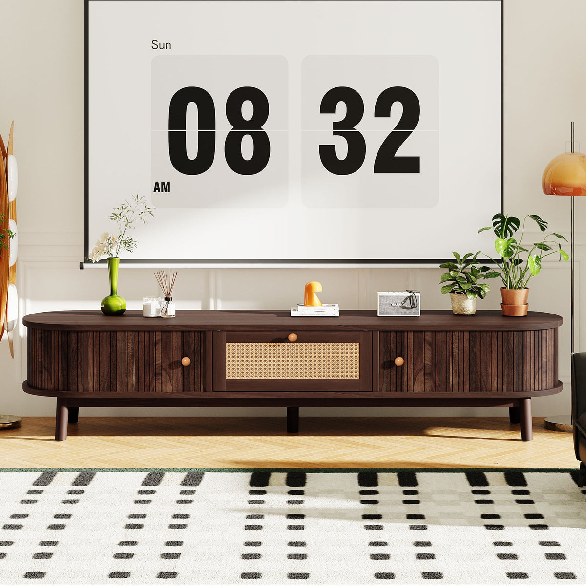 Modern Design TV Stand for 75' TVs, Media Console TV Cabinet with Rattan-Front Drawer for Living Room, 1 Drawer and 2 Sliding-Door Cabinets