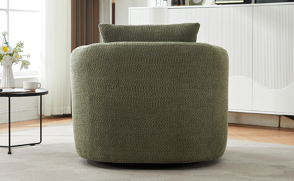 360° Swivel Chair, Chenille Upholstered Barrel Sofa Chair with Throw Pillow, Green, 38.2' for Living Room, Bedroom, Office