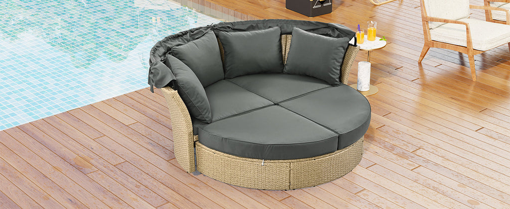 Outdoor Patio Daybed Wicker Rattan Double Daybed with Retractable Canopy, Grey, Polyester Upholstery, 71.7 x 63.4 x 62.2 inches