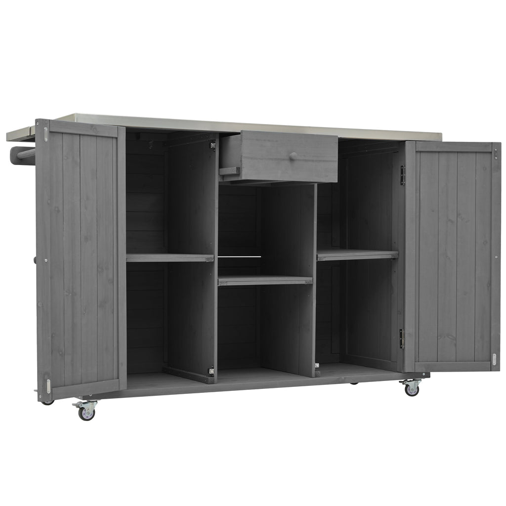 Outdoor Kitchen Island Fir Wood Kitchen Island with Stainless Steel Top, Ample Storage, Towel and Spice Racks, Bottle Opener, Grey