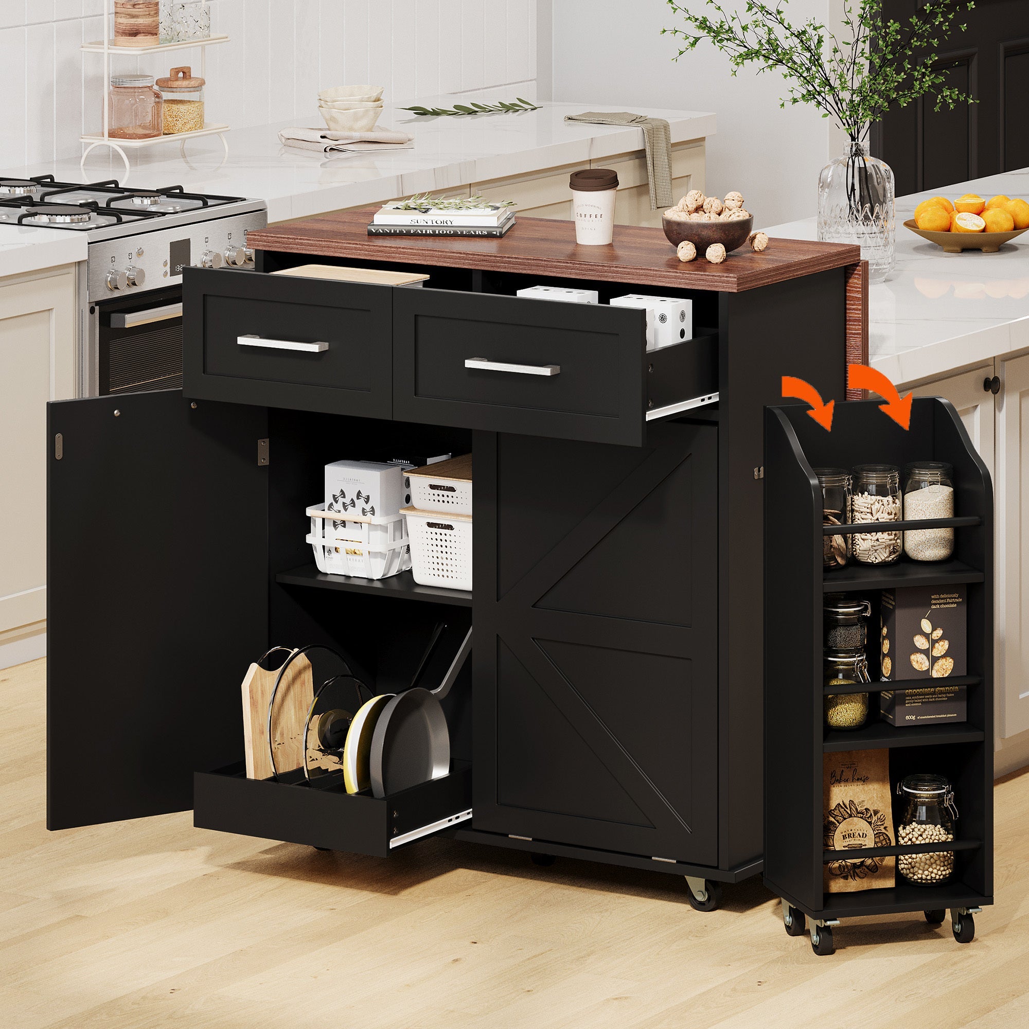 K&K 47.2' Farmhouse Kitchen Island with Drop Leaf, Kitchen Storage Island with Removable Side Racks, Two Drawers, Rolling Kitchen Cart on Wheels with Towel Rack, for Home, Kitchen, Dining Room, Black