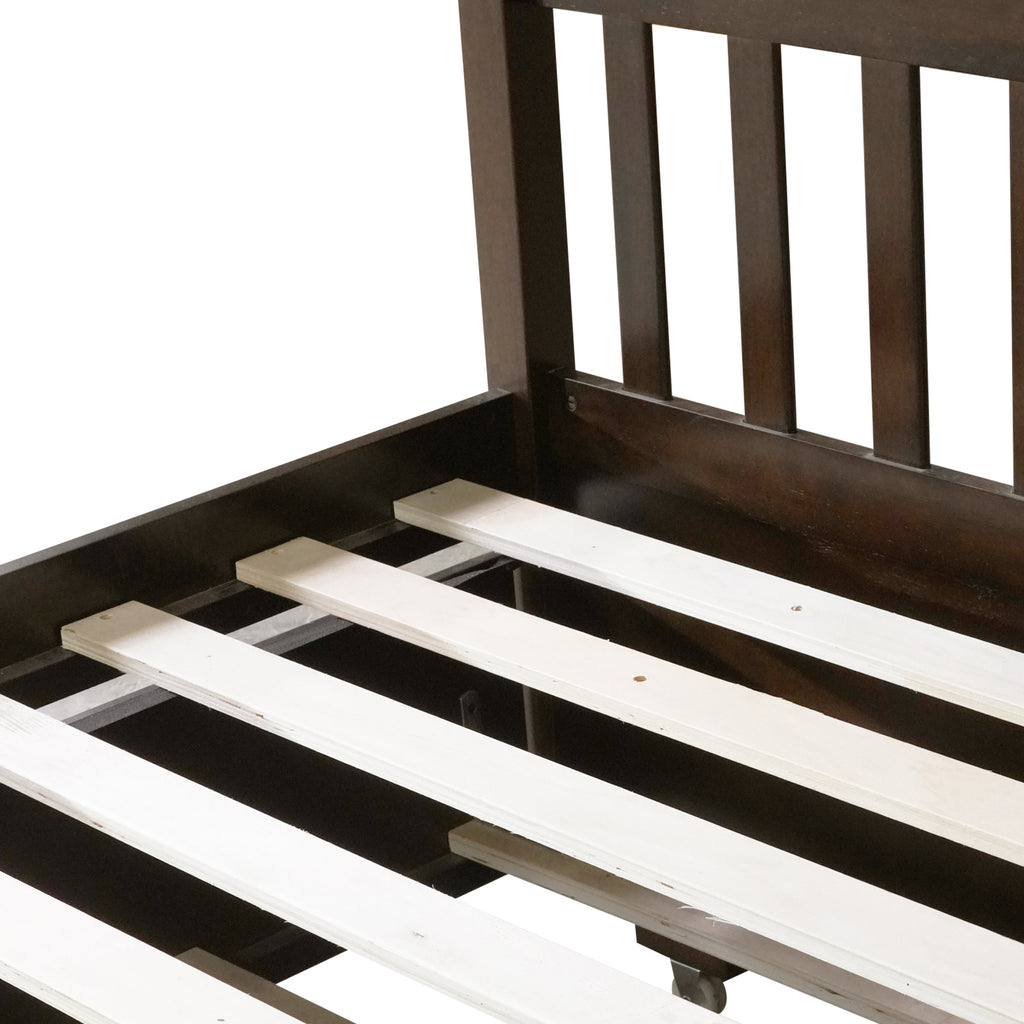 Full Over Full Rubber Wood Bunk Bed with Trundle, Ladder and Guardrails, Convertible to 2 Full Size Beds, with Twin Size Trundle ,Espresso