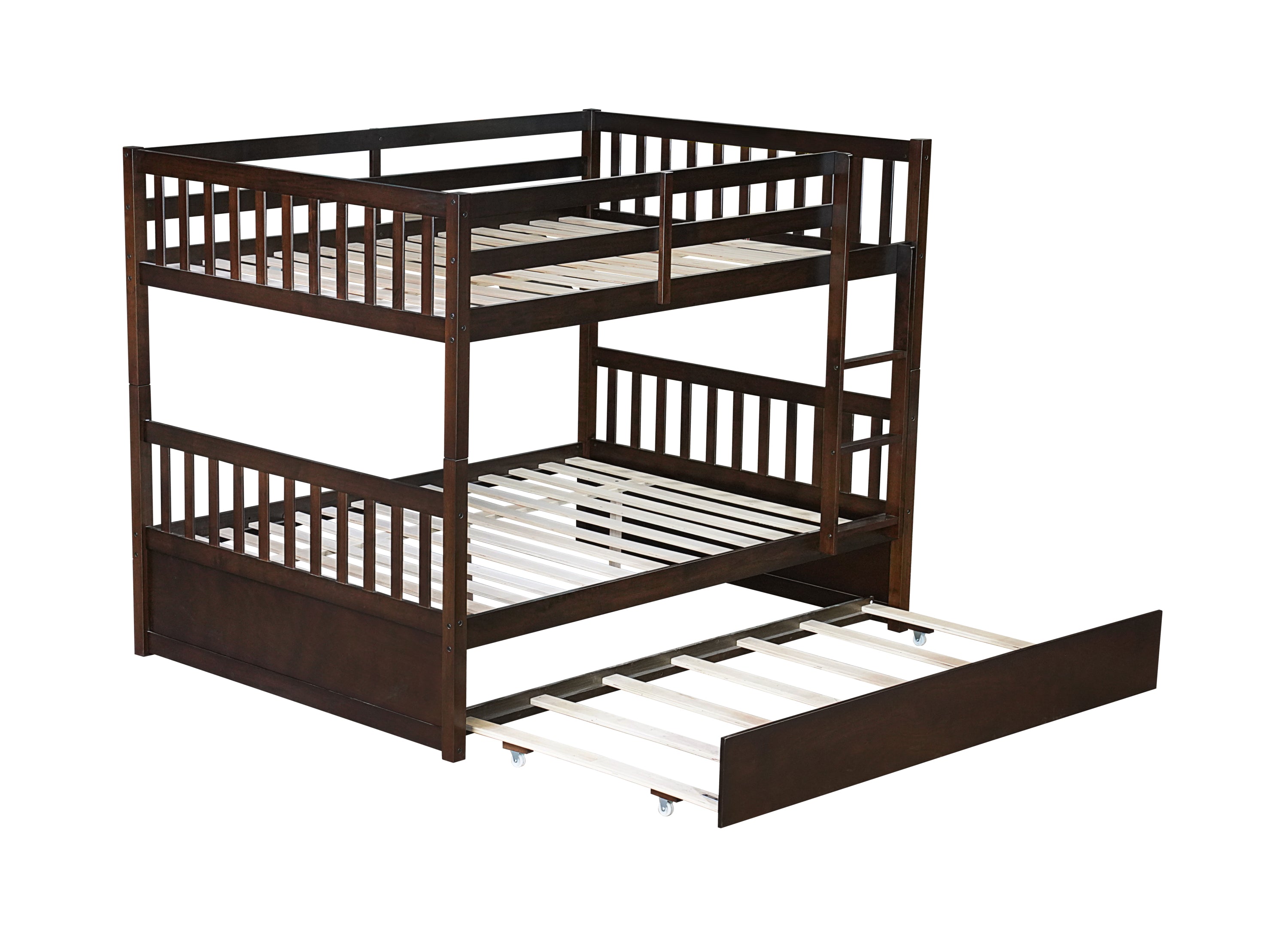 Full Over Full Rubber Wood Bunk Bed with Trundle, Ladder and Guardrails, Convertible to 2 Full Size Beds, with Twin Size Trundle ,Espresso