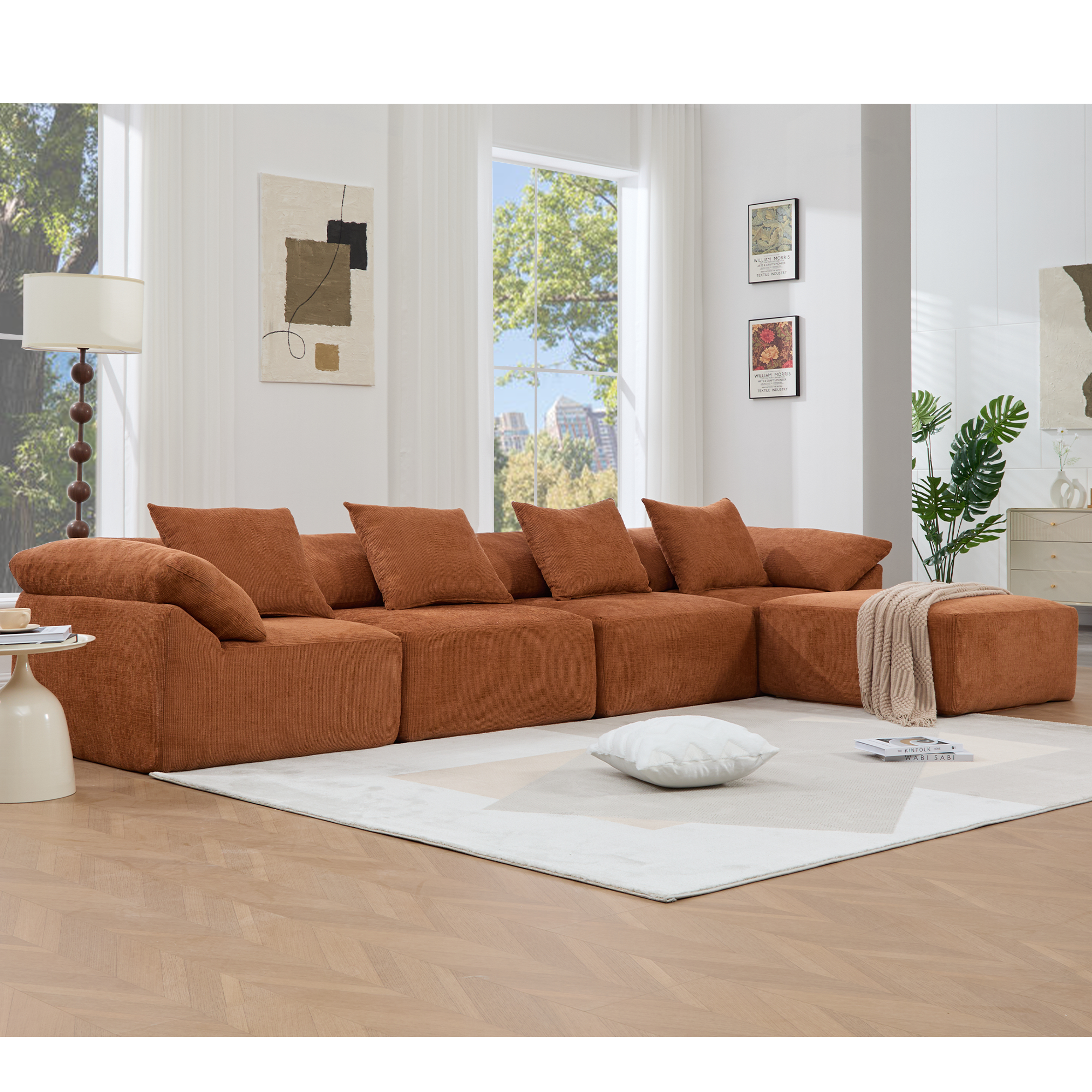 142' L Shaped Modular Sectional Sofa,No Assembly,5 Piece Couch, Convertible Sleeper Couch,Full-Compressed Couch,Free-Combined Couches,5 Seat & Ottoman,Chenille,Orange