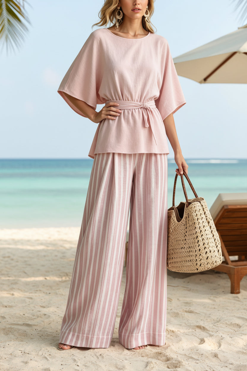 Pink Batwing Waist-Tie Top & Striped Wide-Leg Pants Set | S–2XL