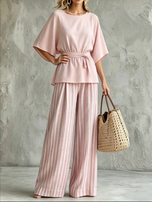 Pink Batwing Waist-Tie Top & Striped Wide-Leg Pants Set | S–2XL