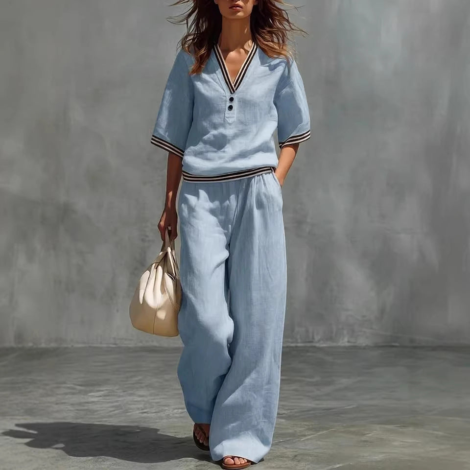 V-Neck Short-Sleeve Shirt & Pants Set – Cotton-Linen Two-Piece