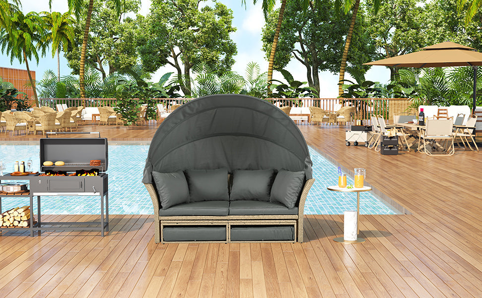Outdoor Patio Daybed Wicker Rattan Double Daybed with Retractable Canopy, Grey, Polyester Upholstery, 71.7 x 63.4 x 62.2 inches