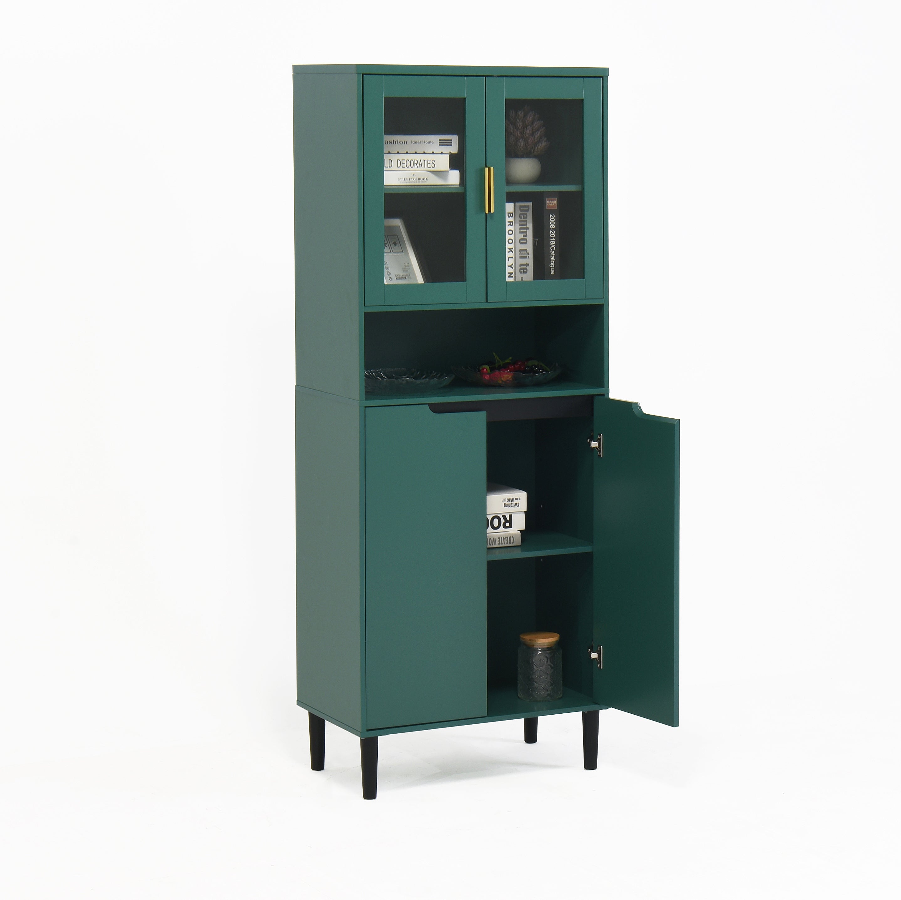 Tall Storage Bookcase with 2 Glass Display Door & 2 Doors, Tall Kitchen Pantry Cabinet with Gold Handles, Modern Cabinet Freestanding Living Room Green