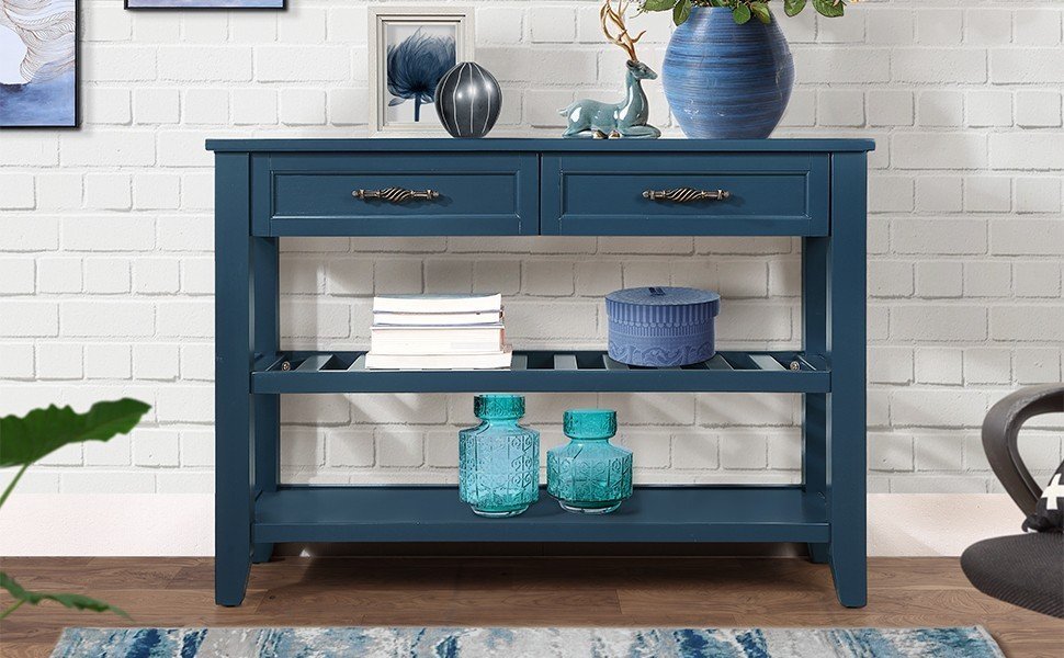 Console Sofa Table with 2 Storage Drawers and 2 Tiers Shelves, Mid-Century Style 42'' Solid Wood Buffet Sideboard for Living Room Furniture Kitchen Dining Room Entryway Hallway,Navy Blue