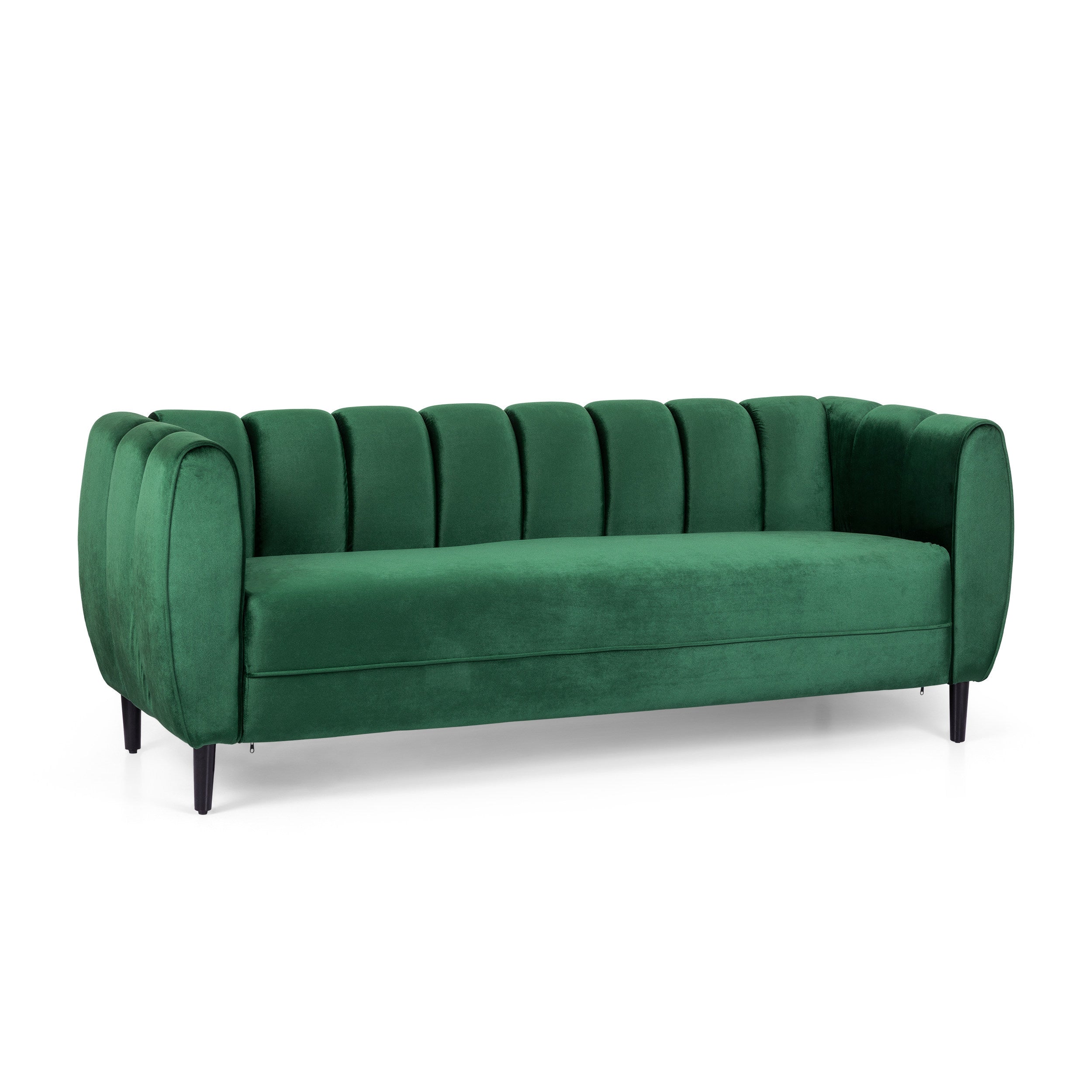 Miranda Velvet 3-Seater Sofa with Channel Stitching in Emerald Velvet and Birch Wood Legs