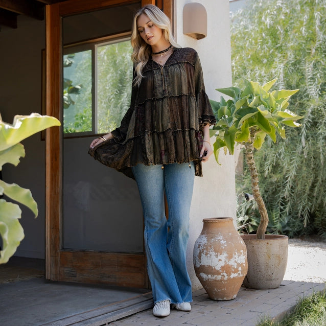 Young Threads Chic Overdyed Band Collar Jhabla Top
