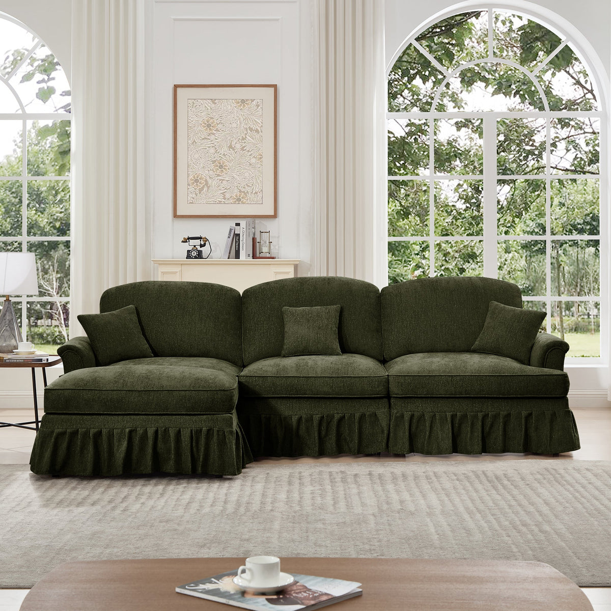 Mid Century Three Seater Modular L Shaped Sectional Couch with Flared Arms and Removable Ruffles Pleats Skirts and Spindle Legs, Comfy Chenille 3-Seat Deep Seat Sofa with Movable Ottoman,Green