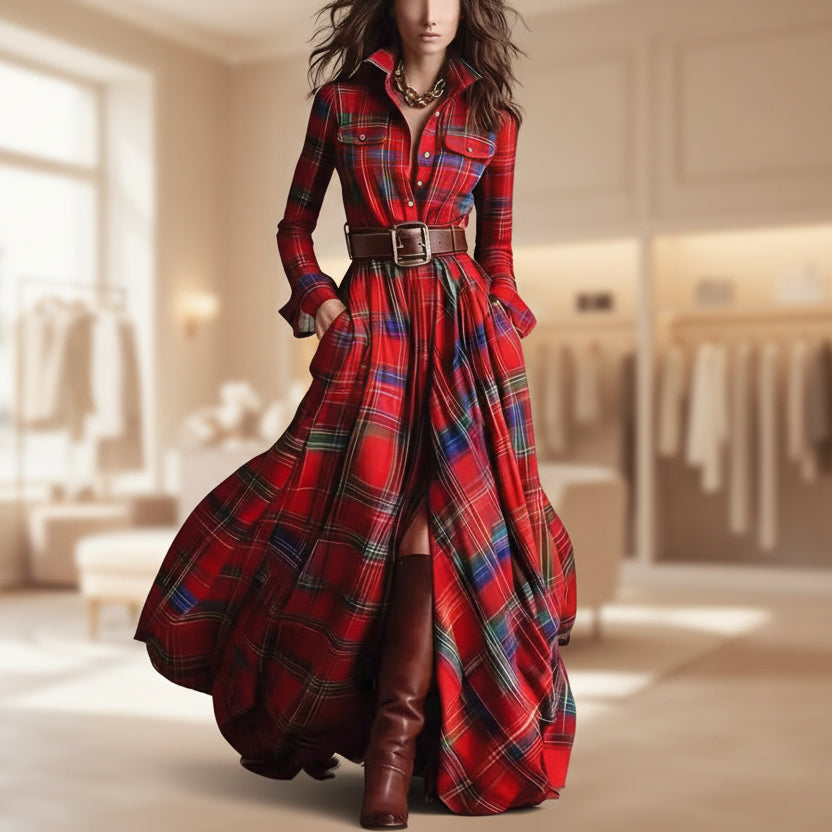 Women's Plus Size Plaid Print Long Sleeve Shirt Dress with Pockets
