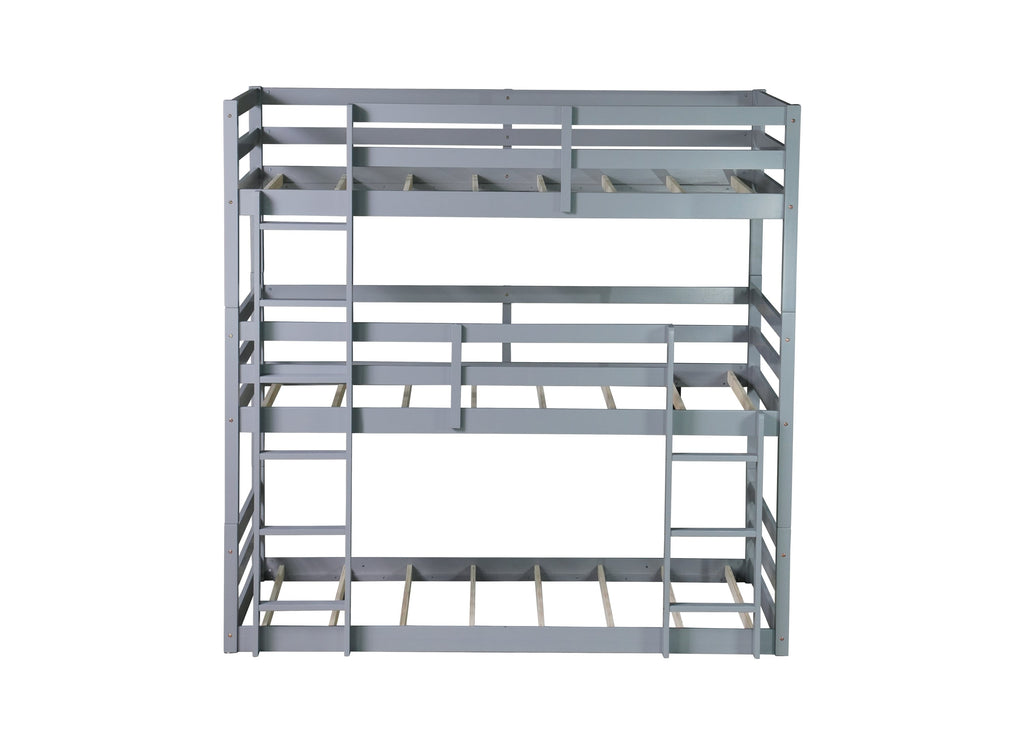 Triple Rubber Wood Bunk Bed with Two Built-in Ladders, Guardrails, Twin over Twin over Twin, Detachable Triple Twin Bunk Bed,Grey