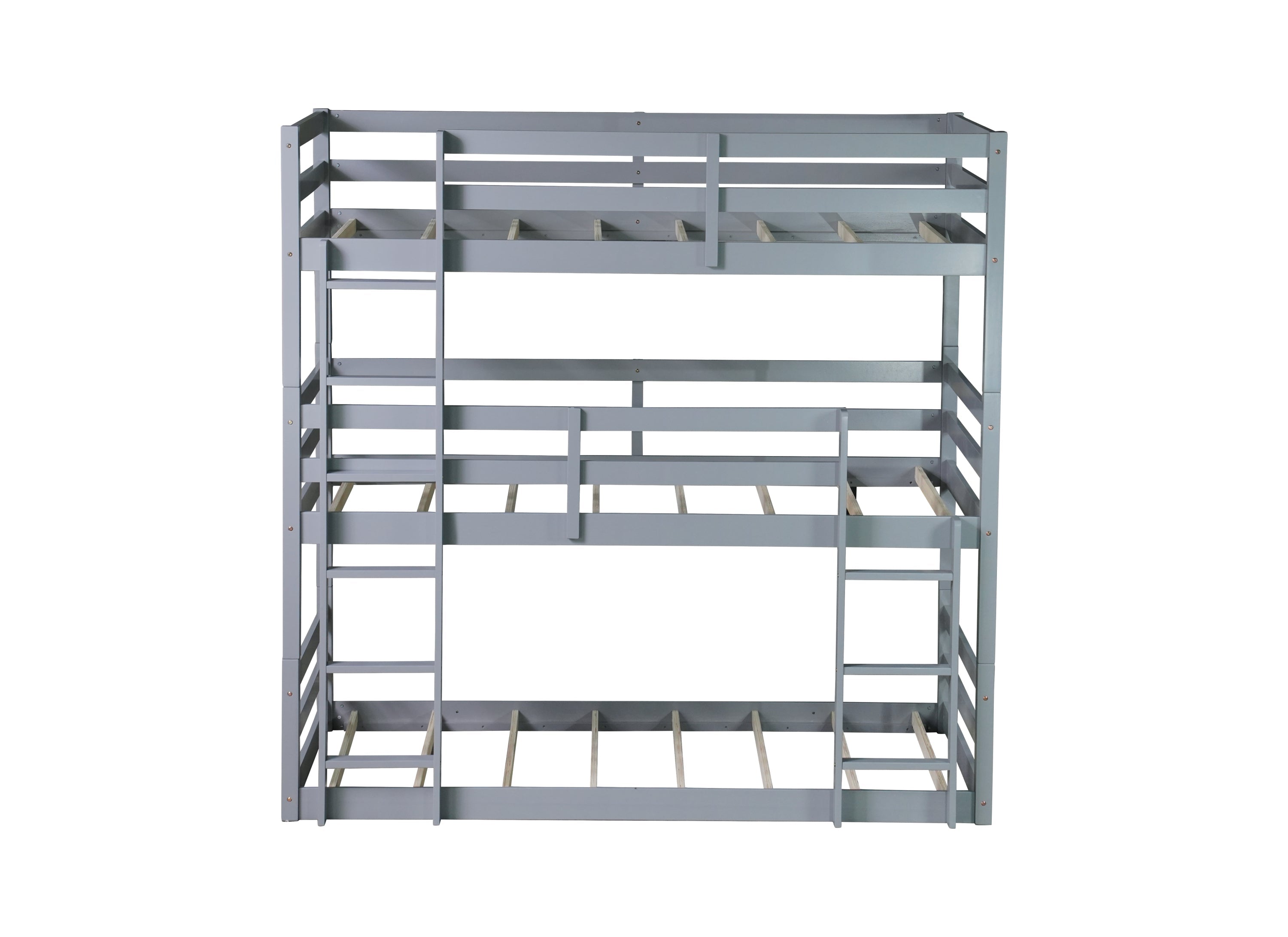 Triple Rubber Wood Bunk Bed with Two Built-in Ladders, Guardrails, Twin over Twin over Twin, Detachable Triple Twin Bunk Bed,Grey