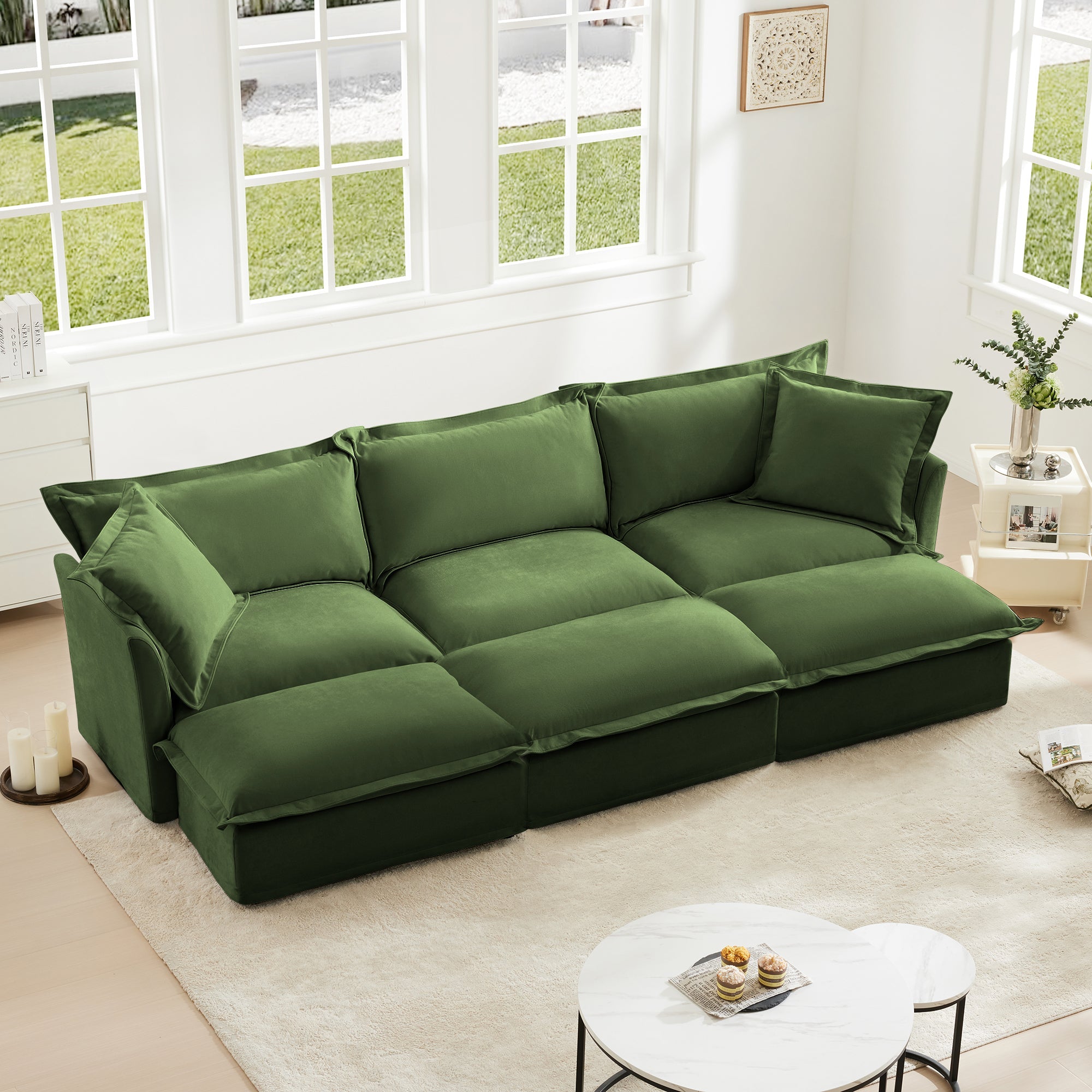 Living Room Sofa Slipcovered Sofa 3 Seater Sofa With 3 Ottomans, Oversized 3-Seat Sleeper Sofa Bed Home Theater Sofa,  Chenille, Green