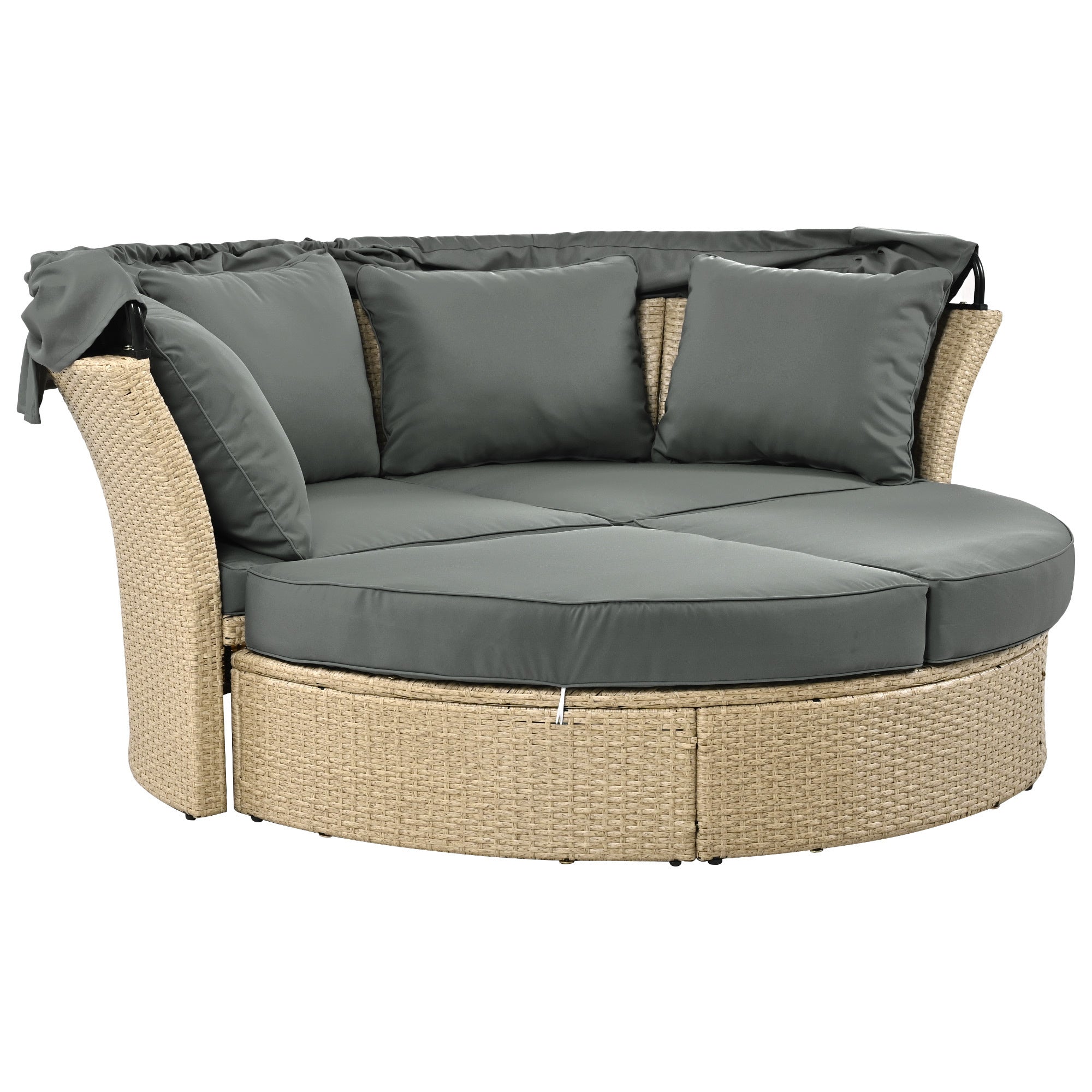 Outdoor Patio Daybed Wicker Rattan Double Daybed with Retractable Canopy, Grey, Polyester Upholstery, 71.7 x 63.4 x 62.2 inches