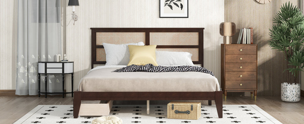 King Size Bed with Rattan Headboard, Two Storage Drawers, Rubber Wood Bed with Enhanced  Support Salts and Feet,Espresso