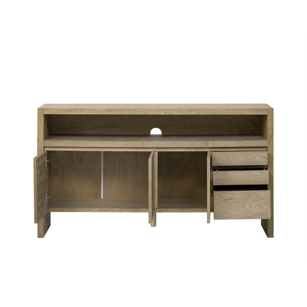 U_Style 60' 3-Door Sideboard with 3 Drawers - Modern Solid Ash Veneer MDF Sideboard, Semi-Open Shelf & Center Semi-Circular Cutout in Back Panel, Large Storage Cabinet for Living Room, Hallway, Dining