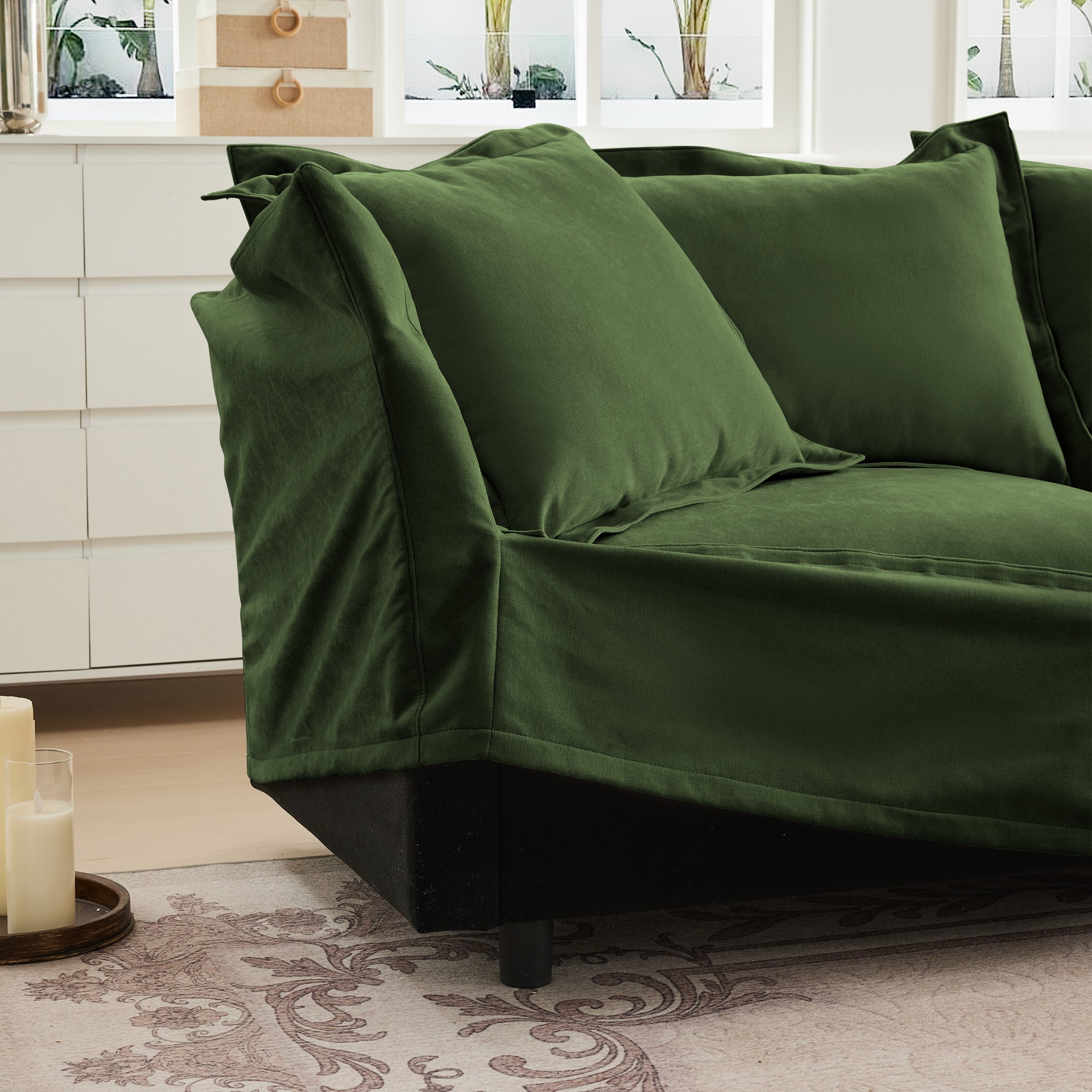 Slipcovered Sofa 2 Seater Sofa    With 2 Ottomans, 2 Seater Sleeper Sofa Bed Home Theater Oversized Sofa For Living Room,  Chenille, Green