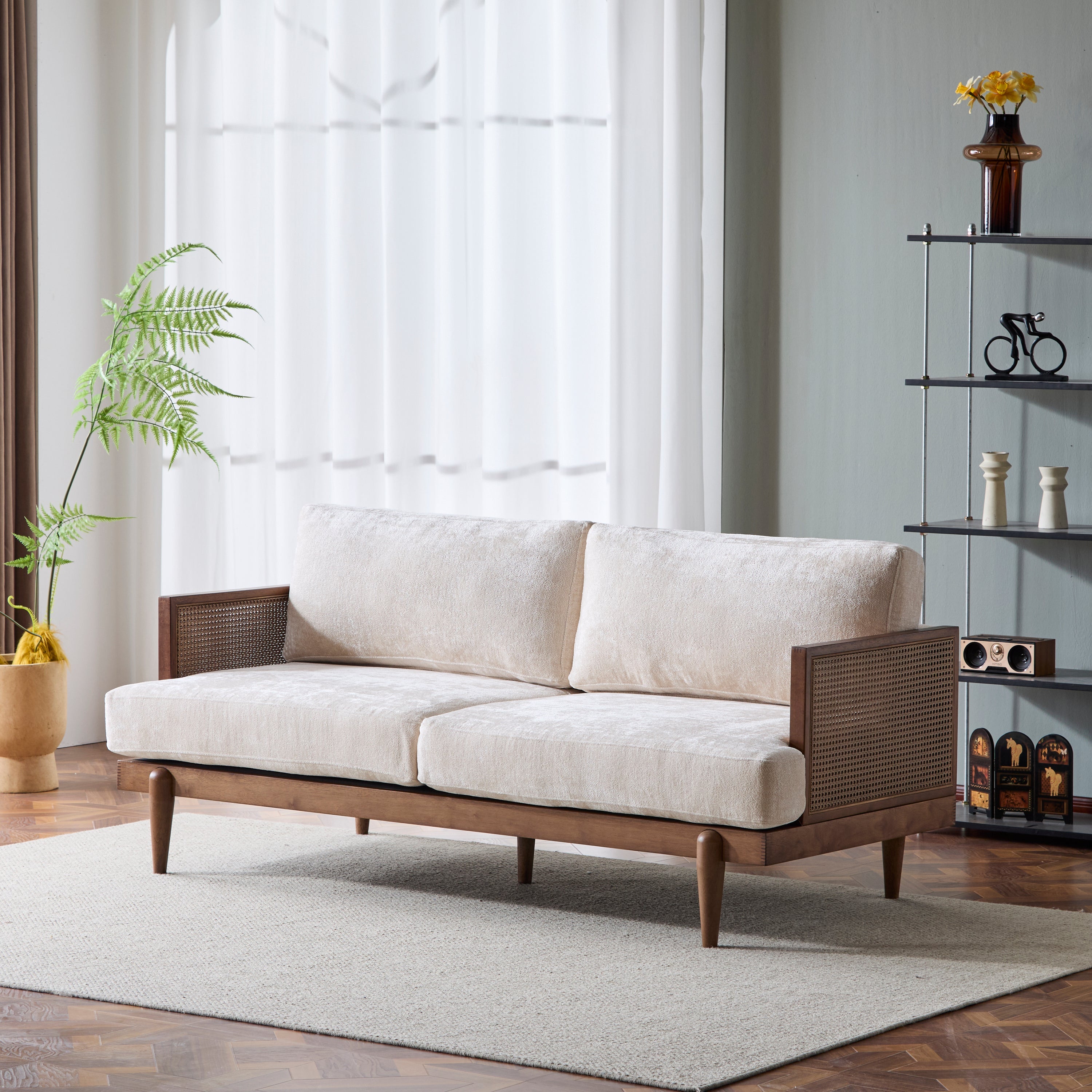 EMIR 72' Square Arm 3-Seater Sofa with Cane Rattan and Wooden Frame,Walnut,,Living Rooms,Bedrooms,Apartment Office