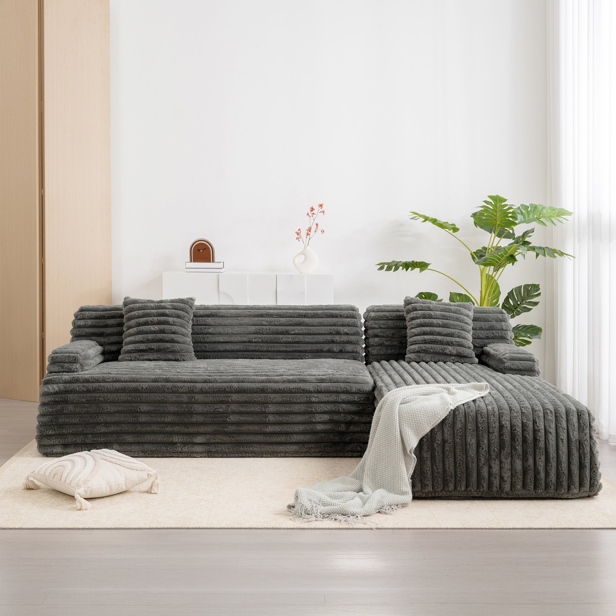 Cloud Sectional Sofa Upholstered Couch with Free-combined Design in Dark Gray Faux Rabbit Fur, 110'