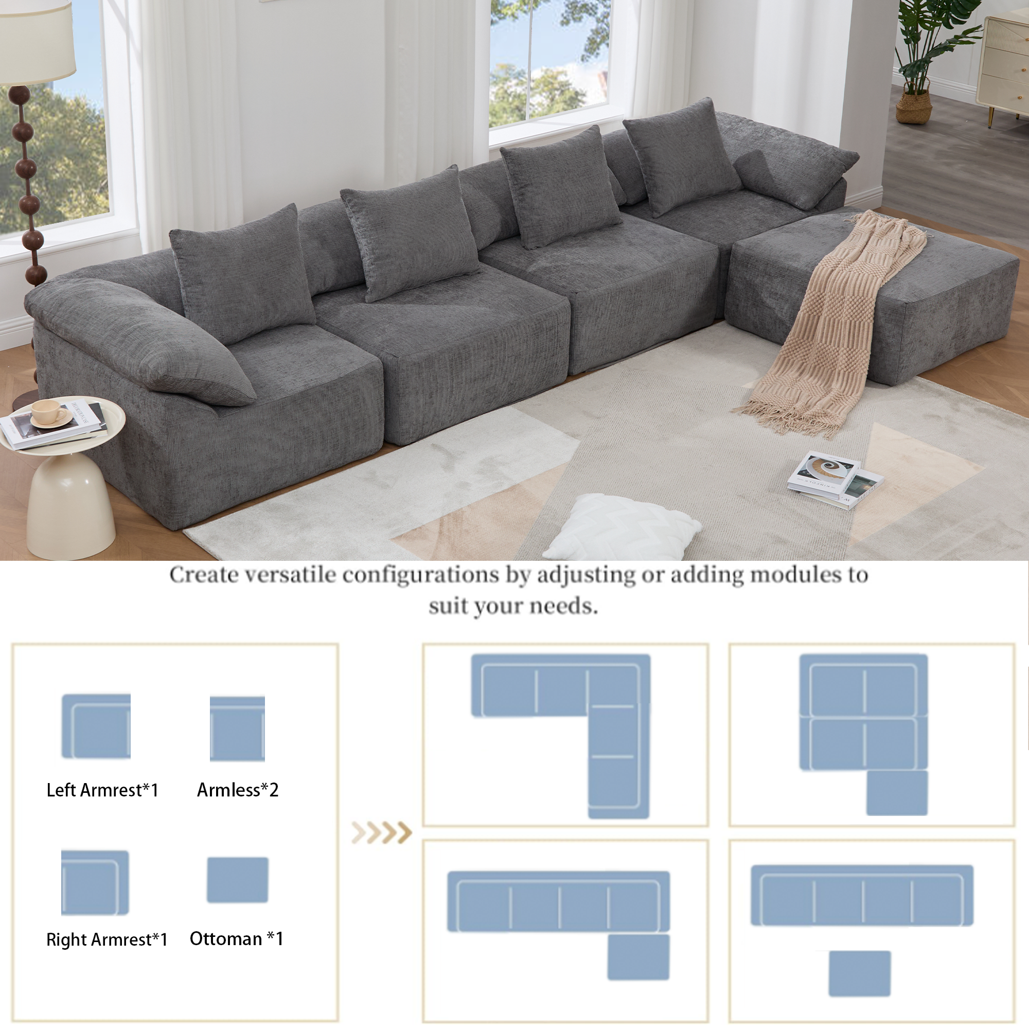 142' L Shaped Modular Sectional Sofa,No Assembly,5 Piece Couch, Convertible Sleeper Couch,Full-Compressed Couch,Free-Combined Couches,5 Seat & Ottoman,Chenille,Gray