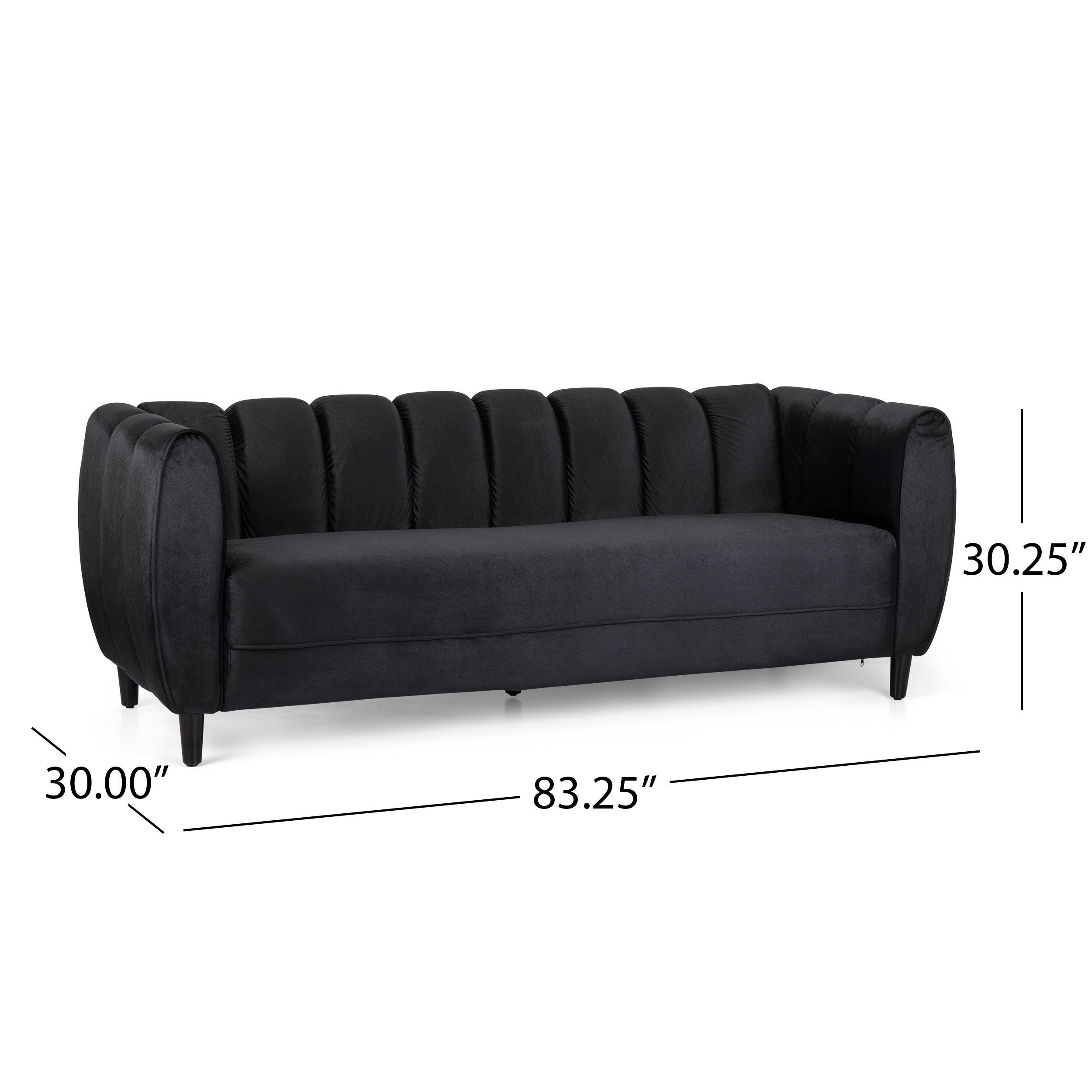 Miranda Modern Glam Velvet 3-Seater Sofa in Black with Birch Wood Legs