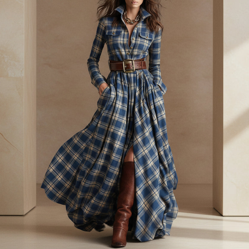 Women's Plus Size Plaid Print Long Sleeve Shirt Dress with Pockets