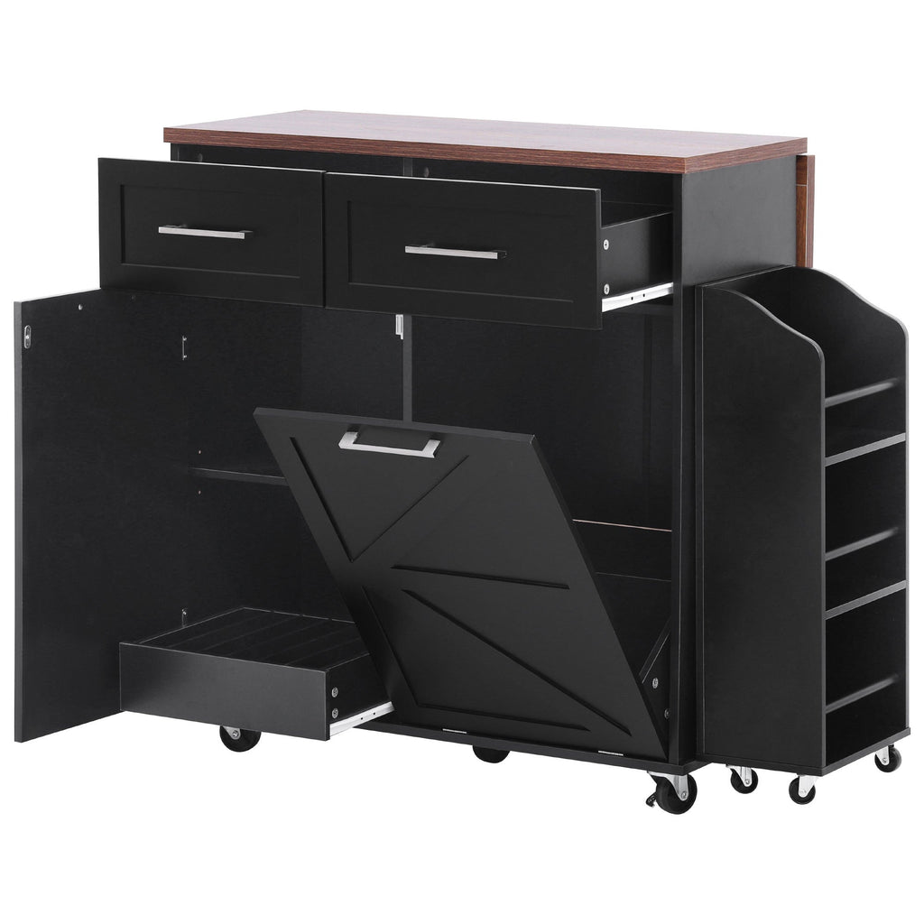 K&K 47.2' Farmhouse Kitchen Island with Drop Leaf, Kitchen Storage Island with Removable Side Racks, Two Drawers, Rolling Kitchen Cart on Wheels with Towel Rack, for Home, Kitchen, Dining Room, Black
