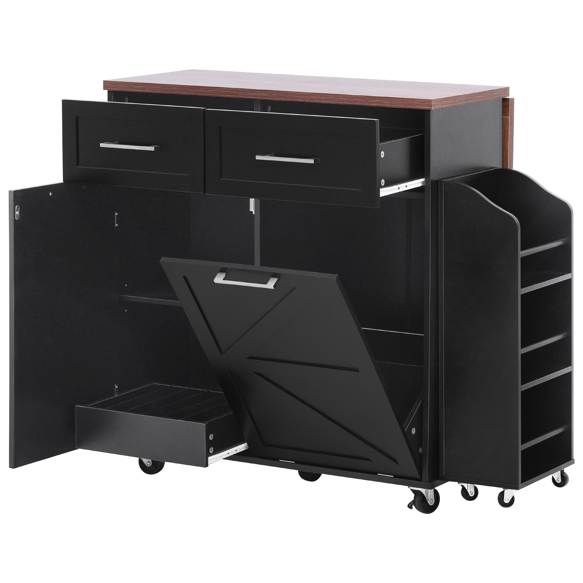 K&K 47.2' Farmhouse Kitchen Island with Drop Leaf, Kitchen Storage Island with Removable Side Racks, Two Drawers, Rolling Kitchen Cart on Wheels with Towel Rack, for Home, Kitchen, Dining Room, Black