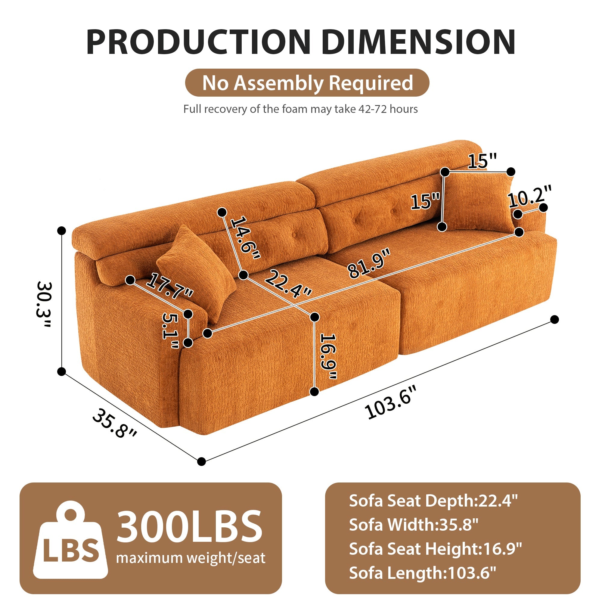LY-029 Reconfigurable 4-Seater Sectional Sofa with Wood Grain Chenille Fabric, Amber Orange Modular Sofa with 2 Pillows, High-Density Sponge Couch for Living Room & Apartment