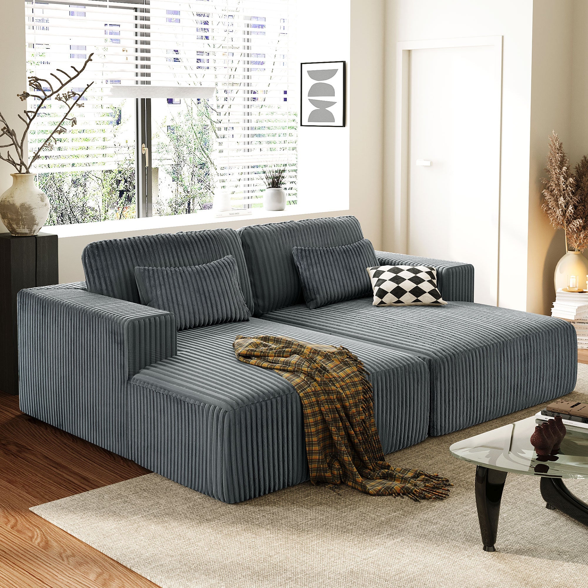 U_Style Corduroy Double Sofa Bed with 2 Pillows, Perfect for Living Rooms, Apartments, Offices