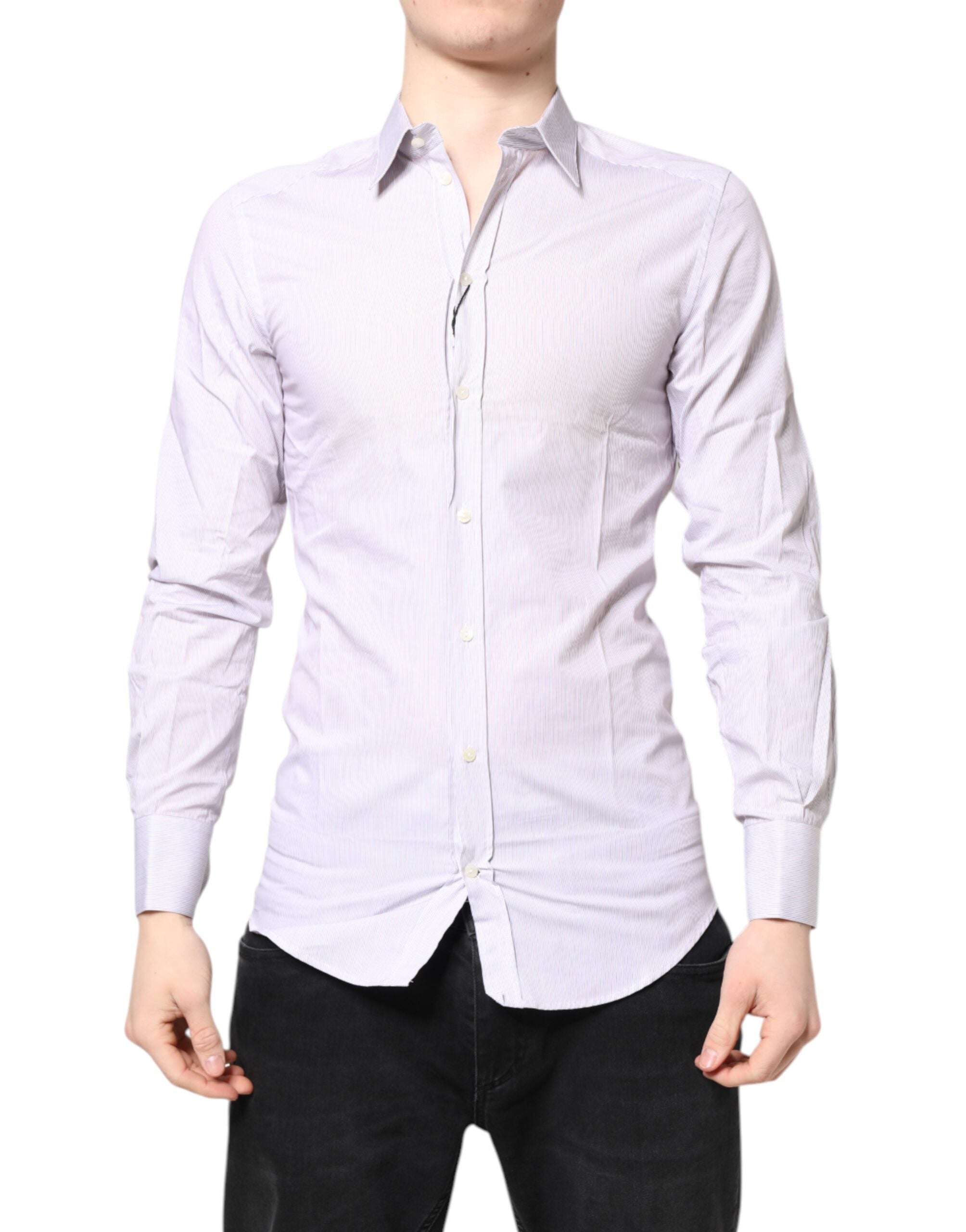 Dolce & Gabbana White Striped Cotton GOLD Long Sleeves Shirt