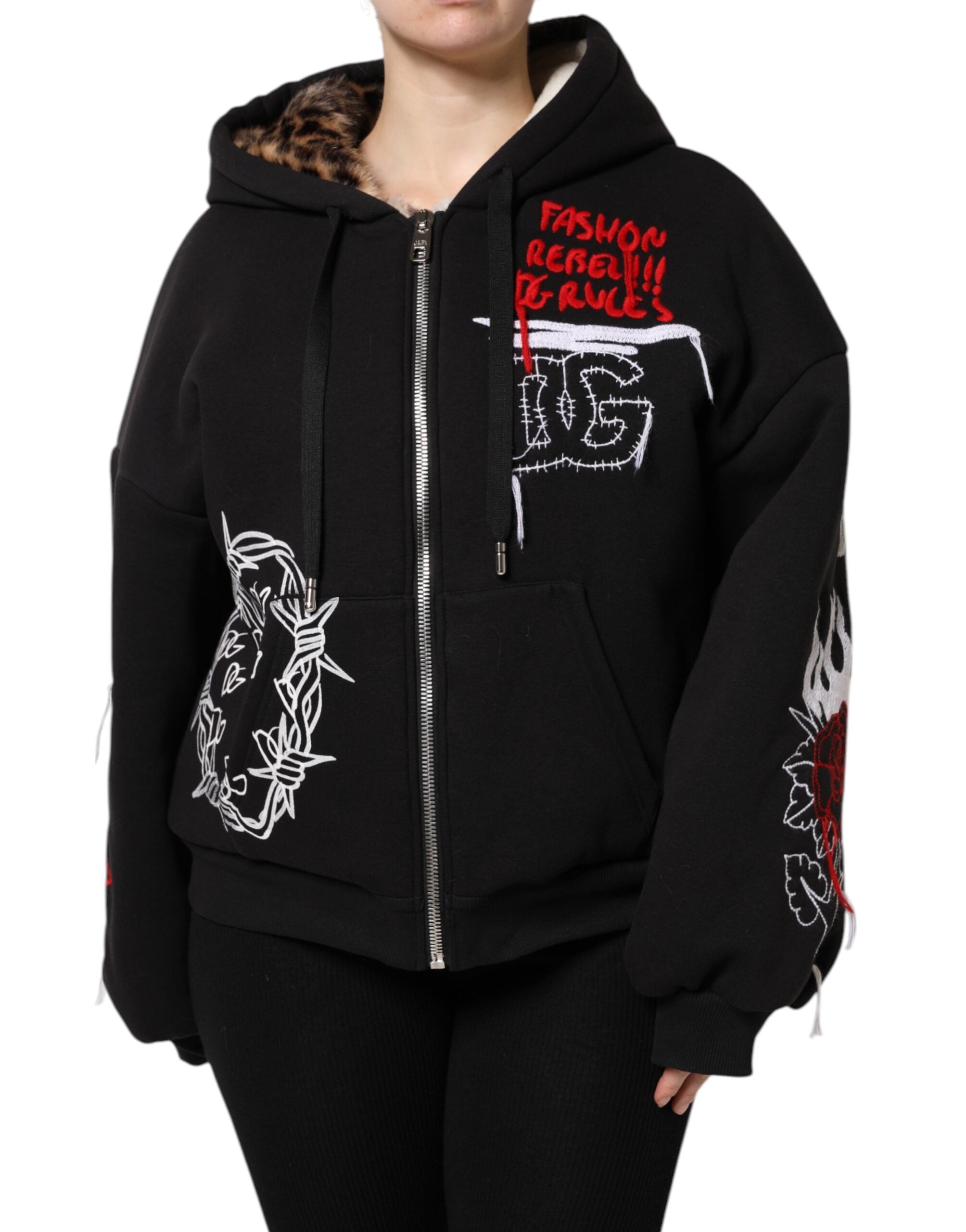 Dolce & Gabbana Black Embroidered Full Zip Hooded Jacket