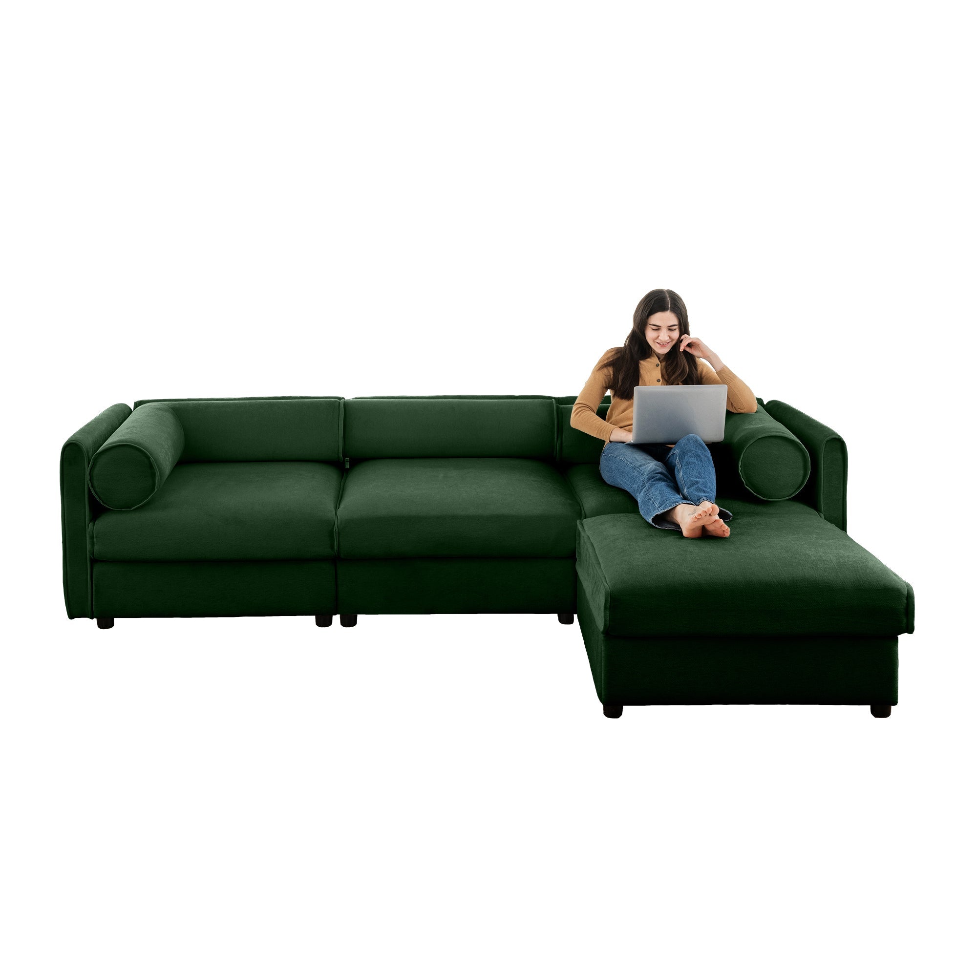 Elegant Green Chenille  Sofa with Storage Seat and Ottoman, L-Shaped 3-Seater Cylindrical Backrest and Armrests, Contemporary 3-Seater Fabric Couch with Hidden Storage Compartment